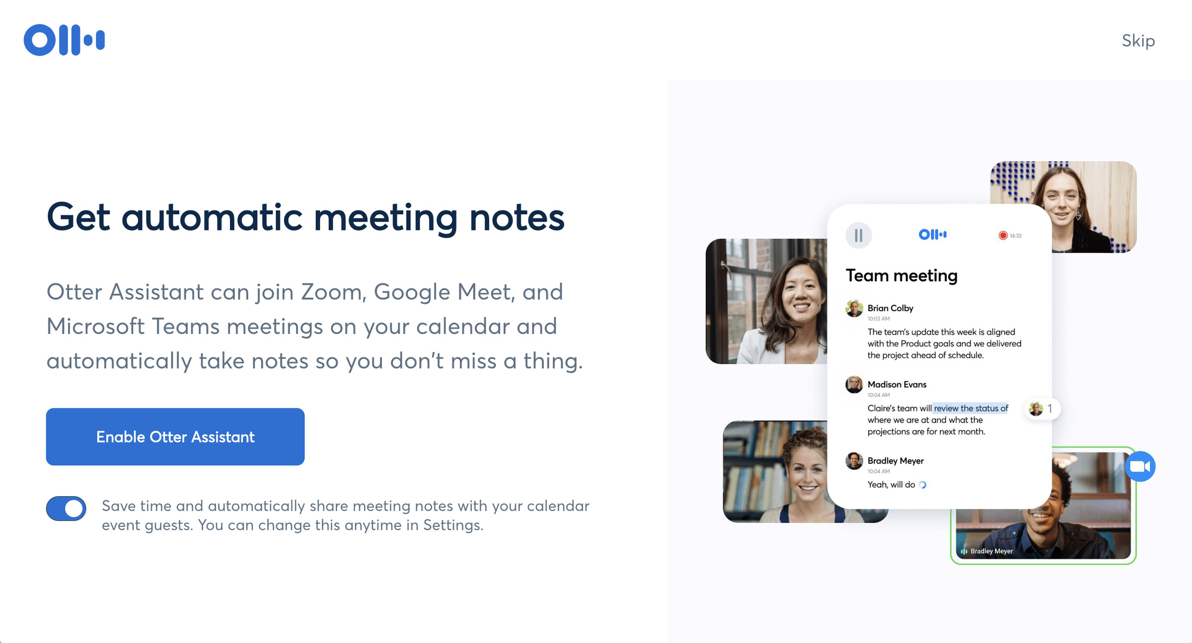 Page for the Otter app headed on the left side “Get automatic meeting notes” with a blue button “Enable Otter Assistant,” some explanatory text, and an illustration showing transcribed text and photos of people on the right.