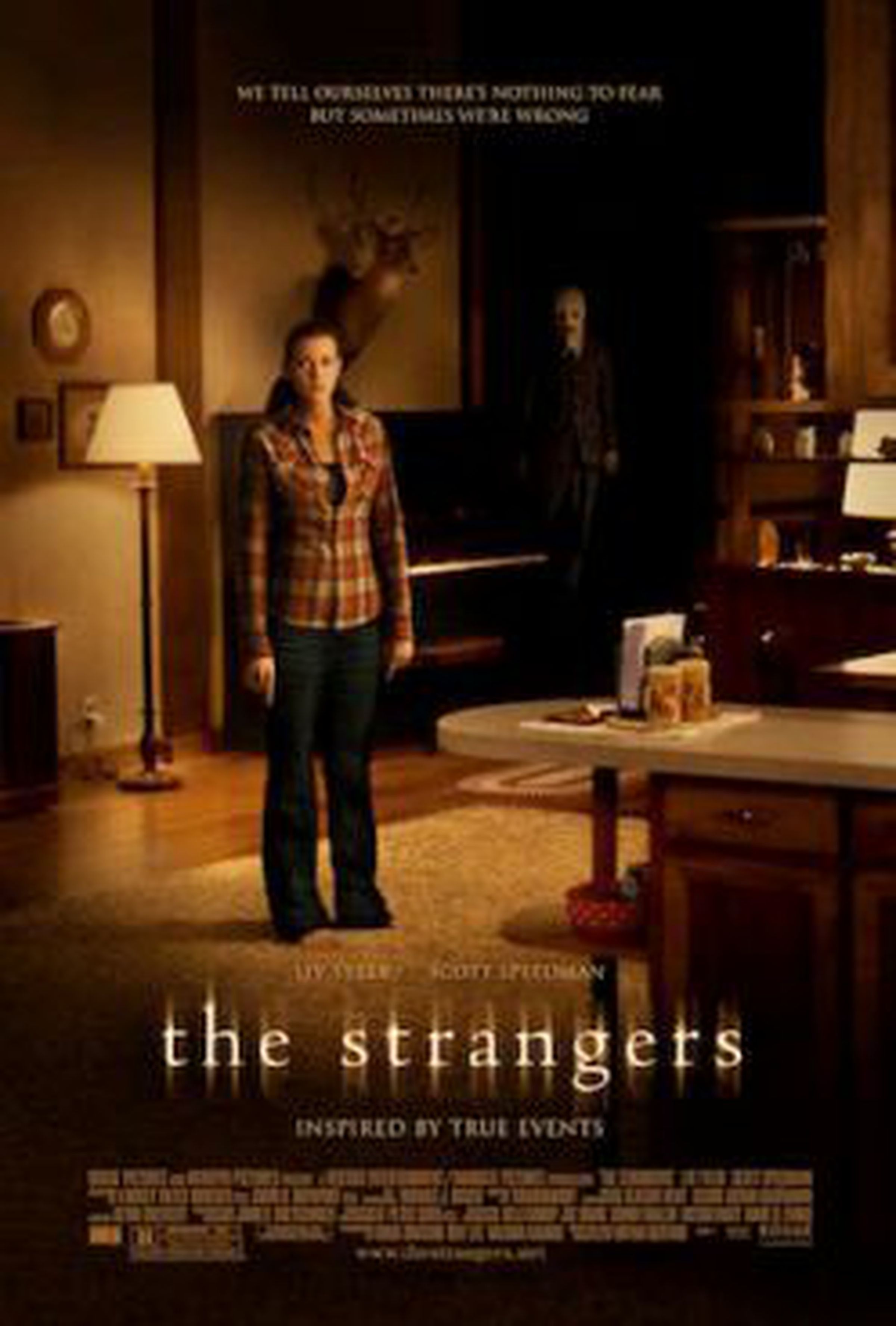 Movie poster showing a woman in a living room with a weird stranger entering the room, and the name of the movie The Strangers, with credits