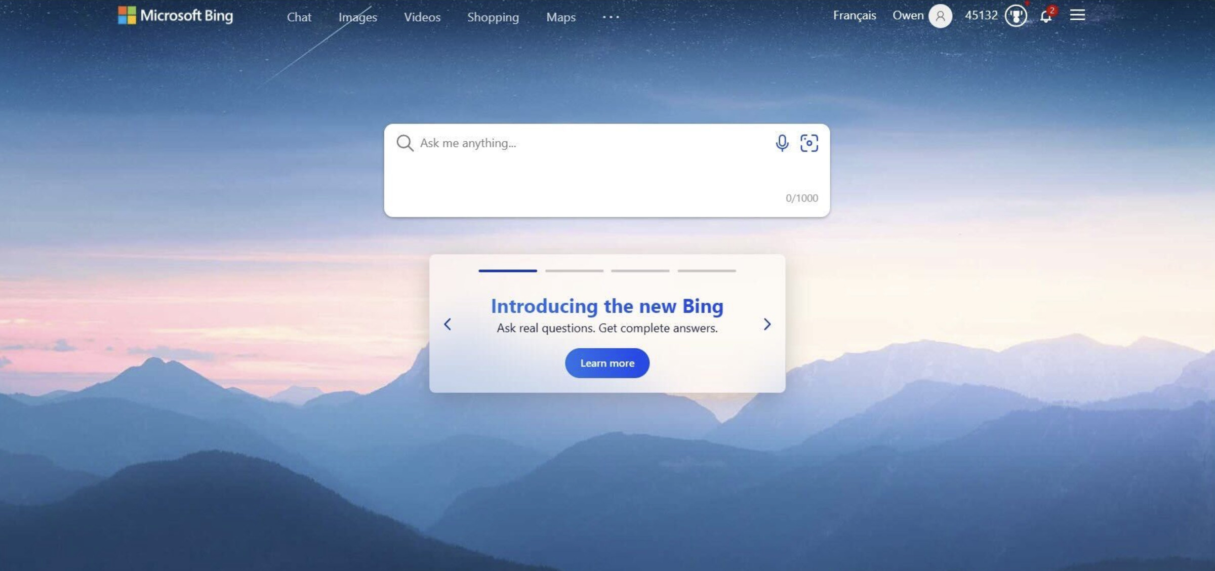 A screenshot of the homepage for Bing, Microsoft’s search engine. A banner says “Introducing the New Bing: Ask real questions. Get complete answers.”