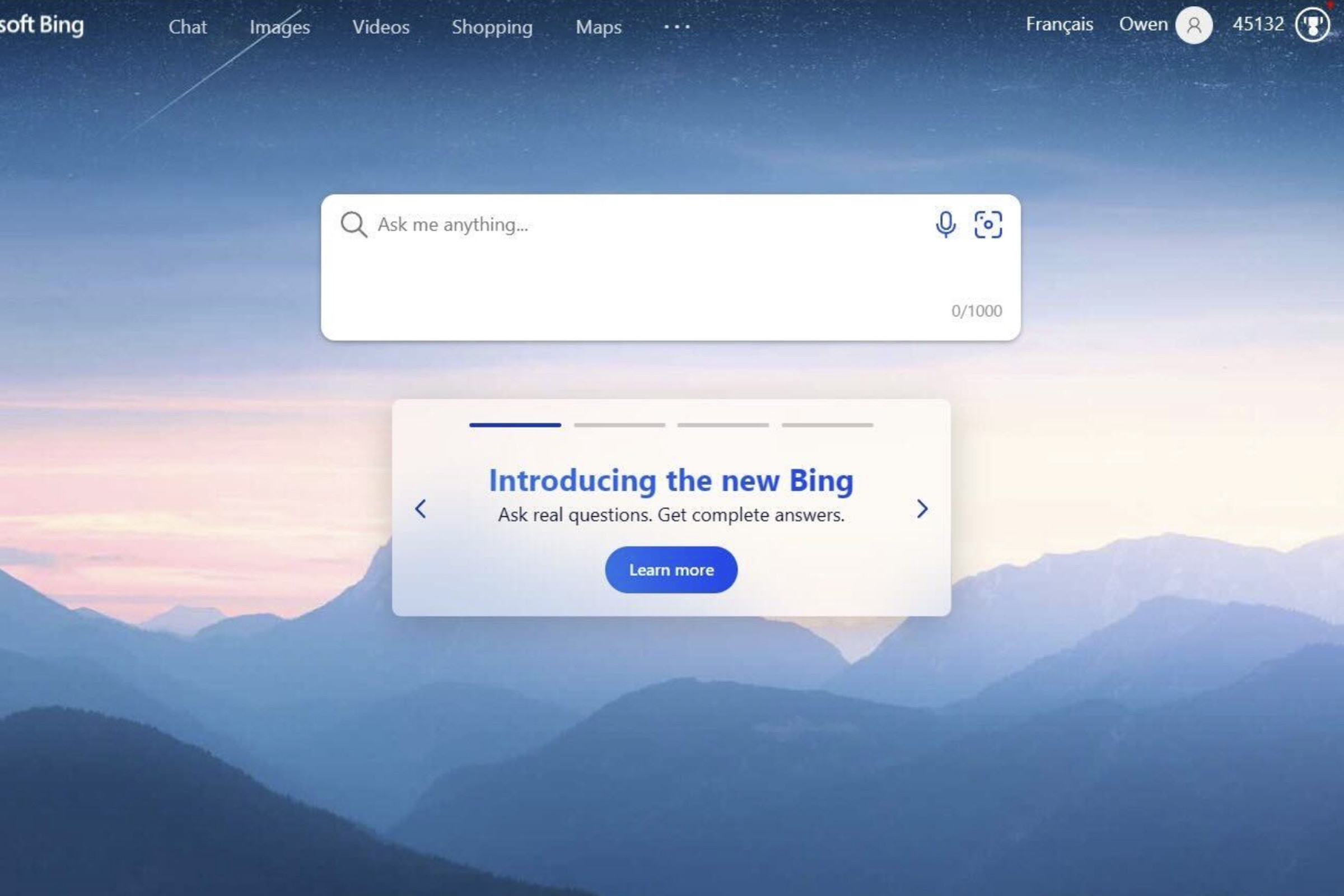 A screenshot of the homepage for Bing, Microsoft’s search engine. A banner says “Introducing the New Bing: Ask real questions. Get complete answers.”