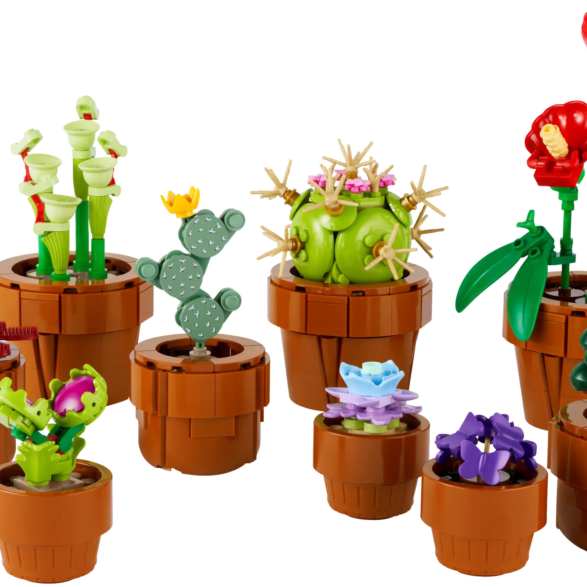An assortment of tiny potted plants all built from Lego.