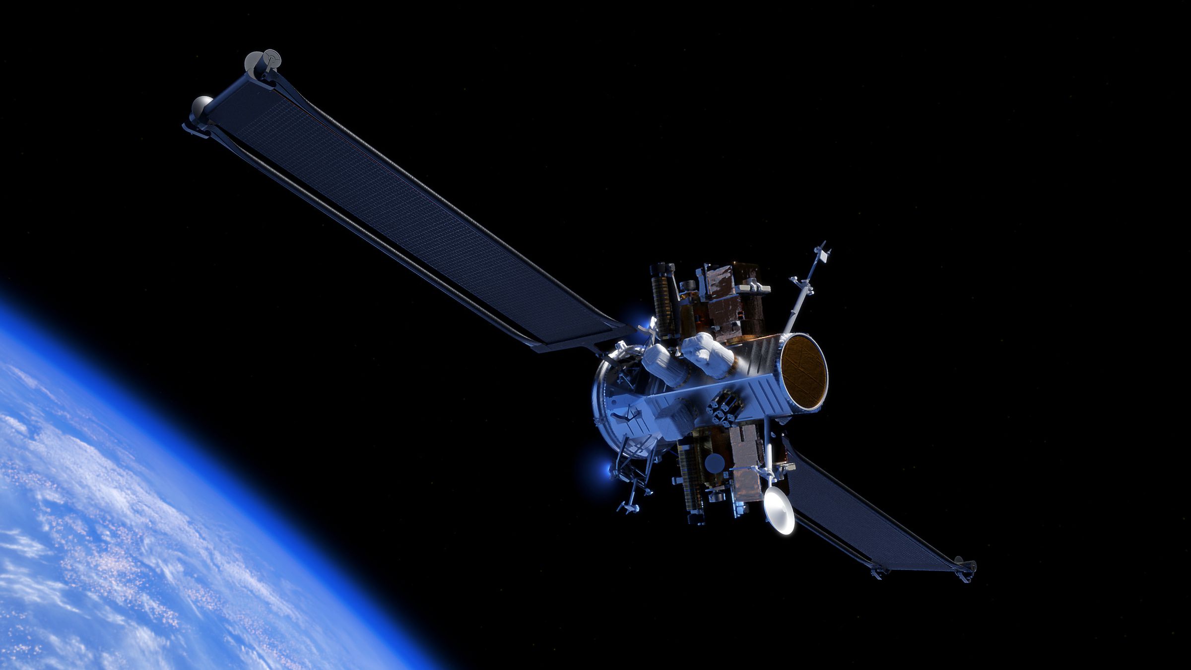 A rendering of a large satellite floating above the Earth