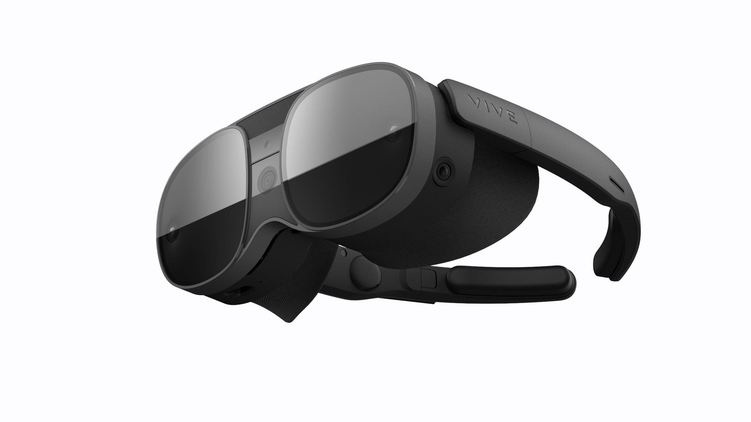 A black VR headset with glasses-style earpieces.
