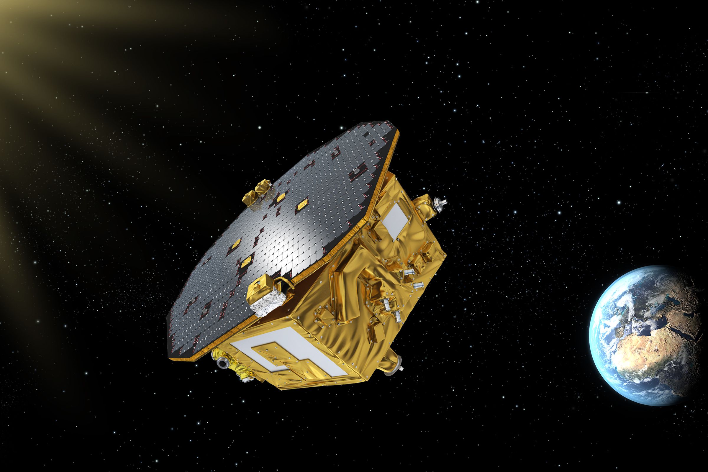 A rendering of the LISA Pathfinder spacecraft.