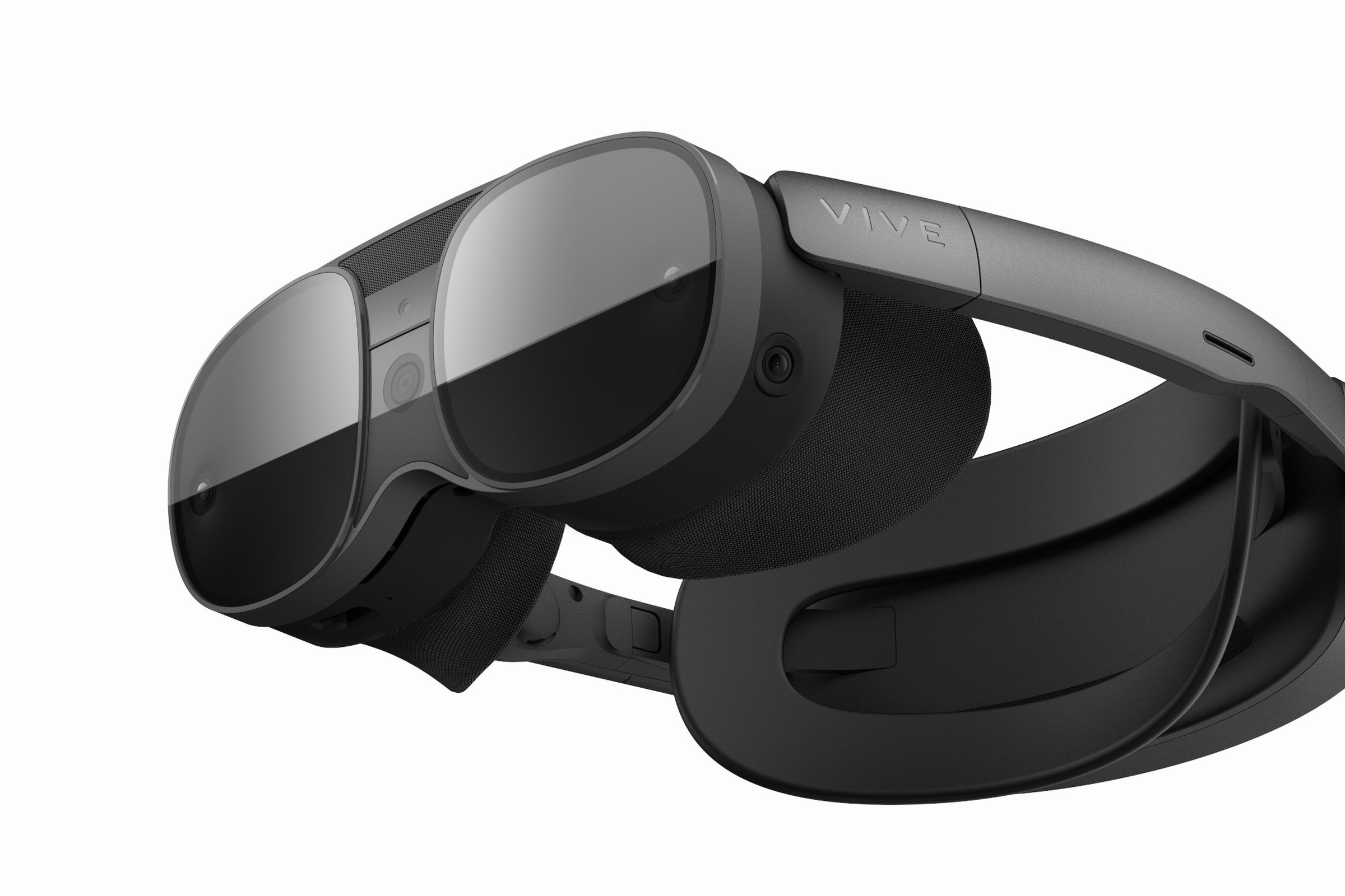 A black VR headset with a back strap and a glasses-like design.