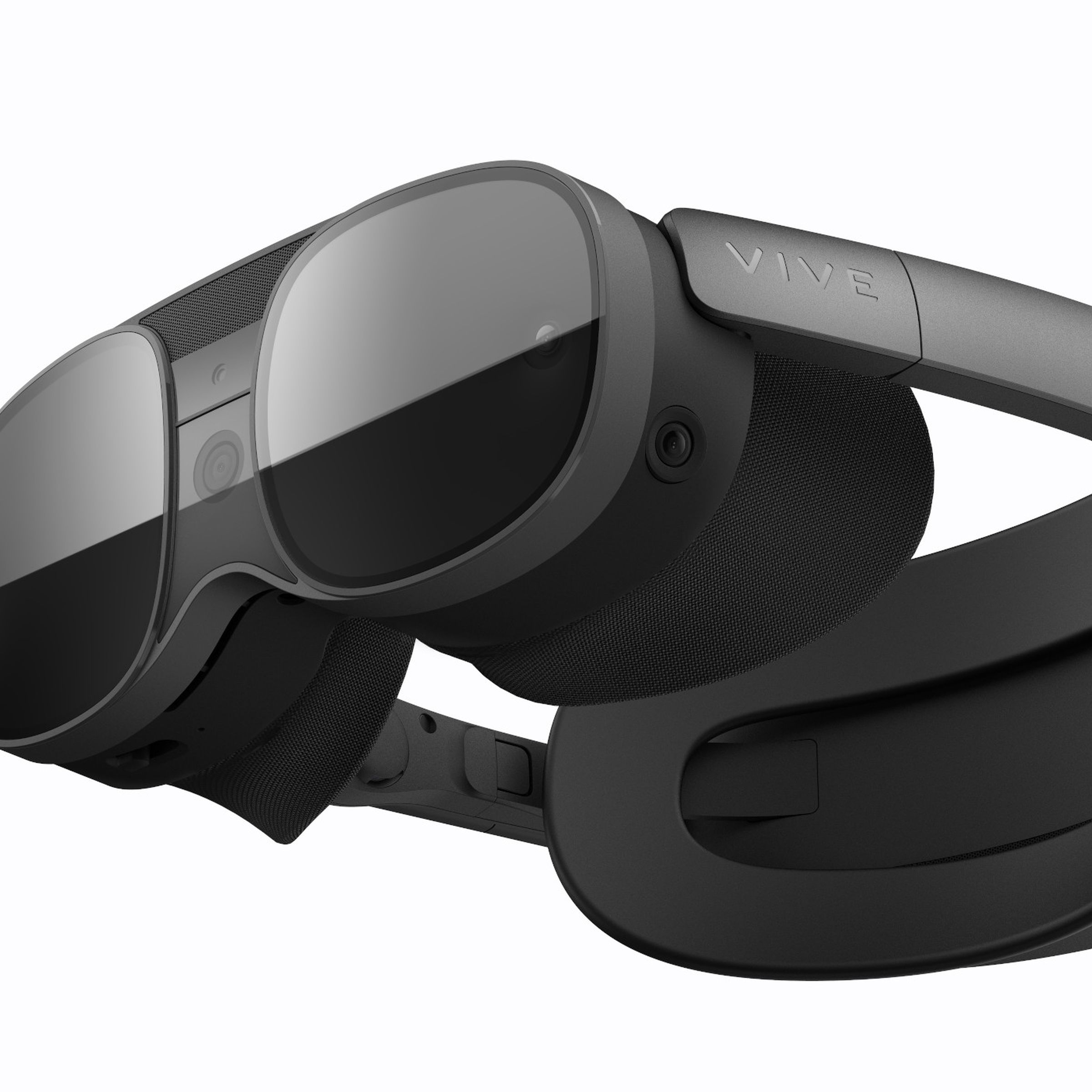 A black VR headset with a back strap and a glasses-like design.