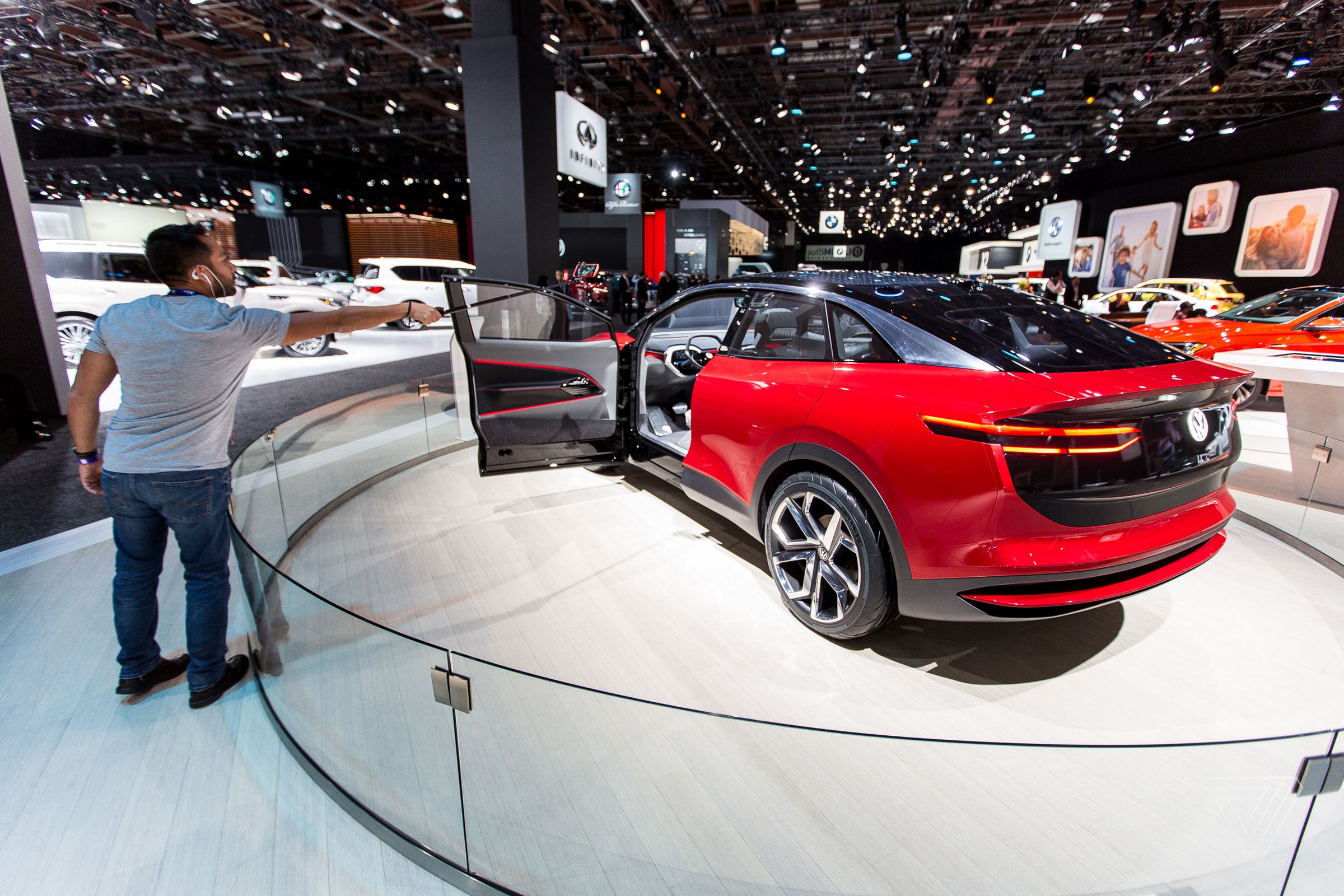 Many of the concept cars on display at the auto show were cordoned off, like Volkswagen’s I.D. Crozz electric SUV.