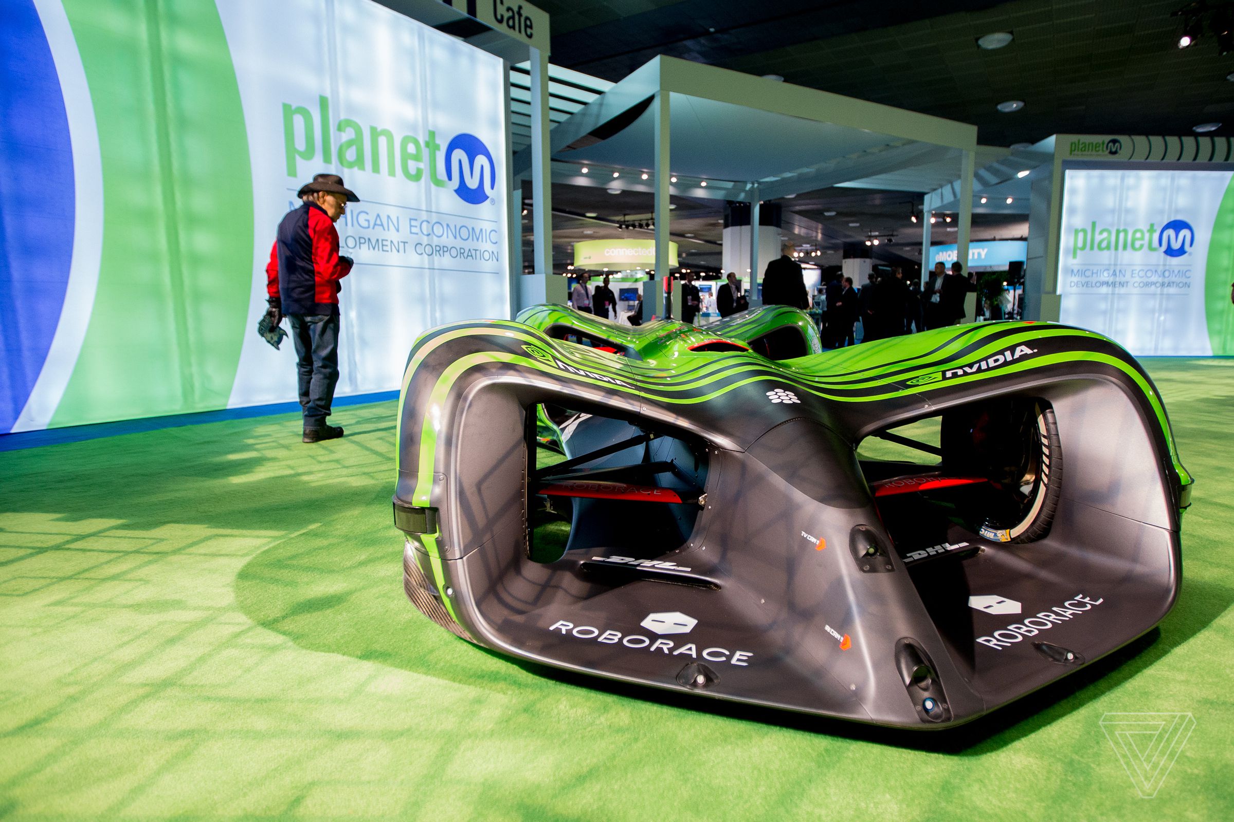 This is the Roborace Robocar, a fully autonomous racecar created by YotaPhone designer Denis Sverdlov. 