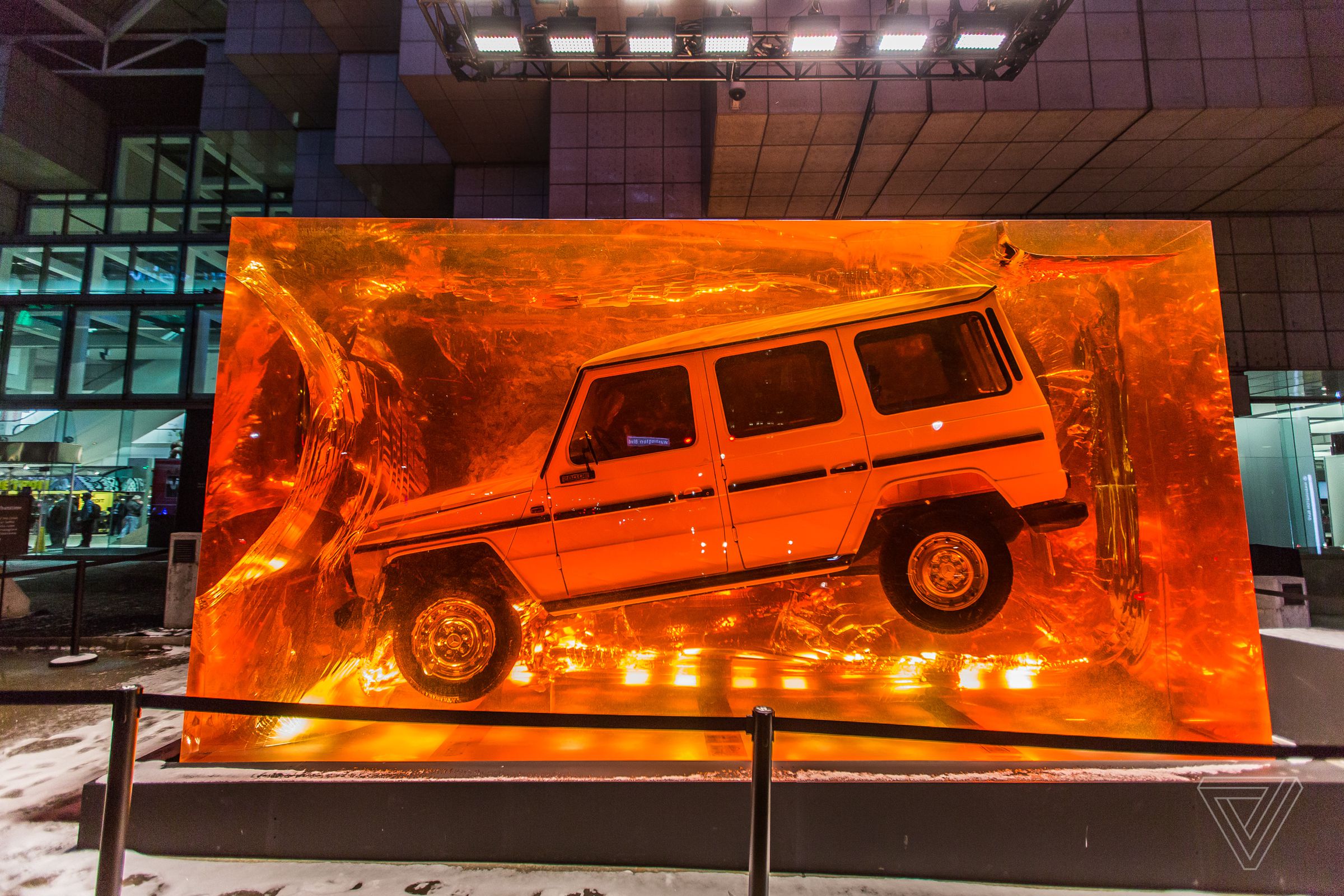 The company also encased an old G-Class in 40,000 liters of resin and placed it outside the Cobo convention center.