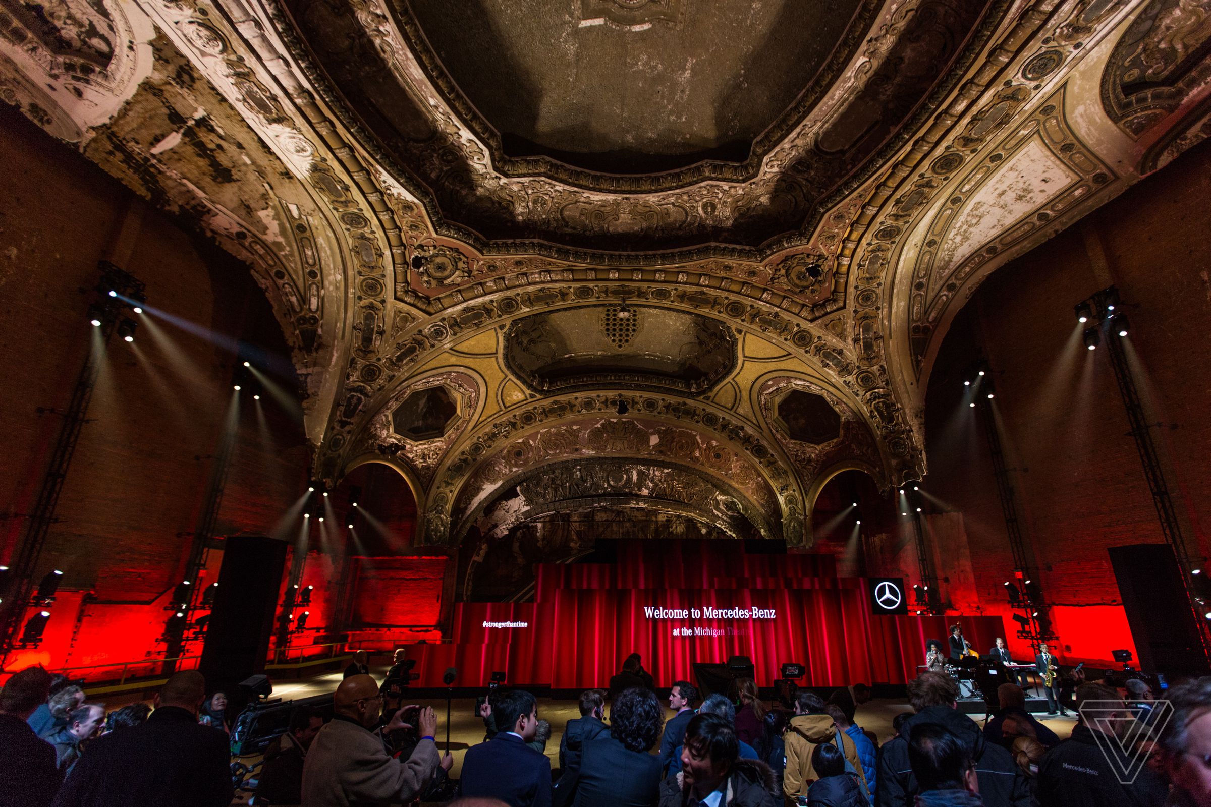 The Mercedes-Benz event was held at the abandoned Michigan Theater, which has languished since the late 1970s. The theater was built on the same site where Henry Ford built his first automobile. 