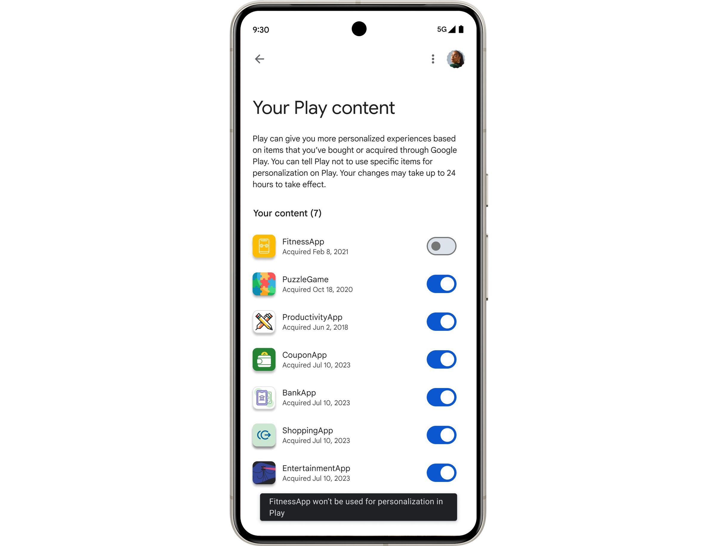 A screenshot of Google Play’s new personalization menu.