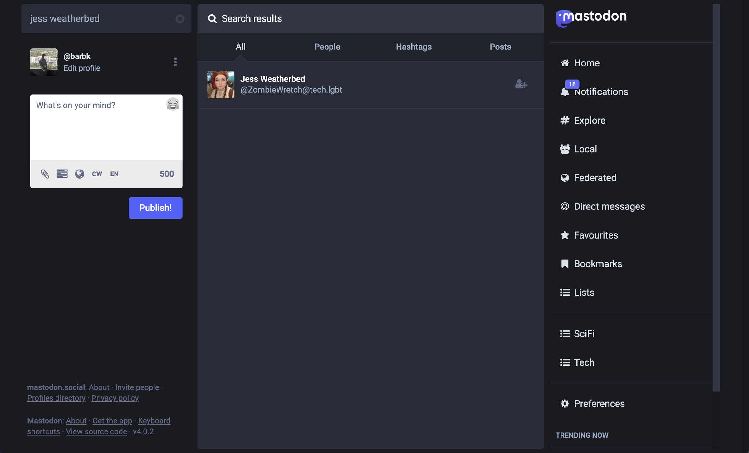 A Mastodon page with a name in the search box, the same name with an icon and a Mastodon address in the center, and the Mastodon menu on the right.