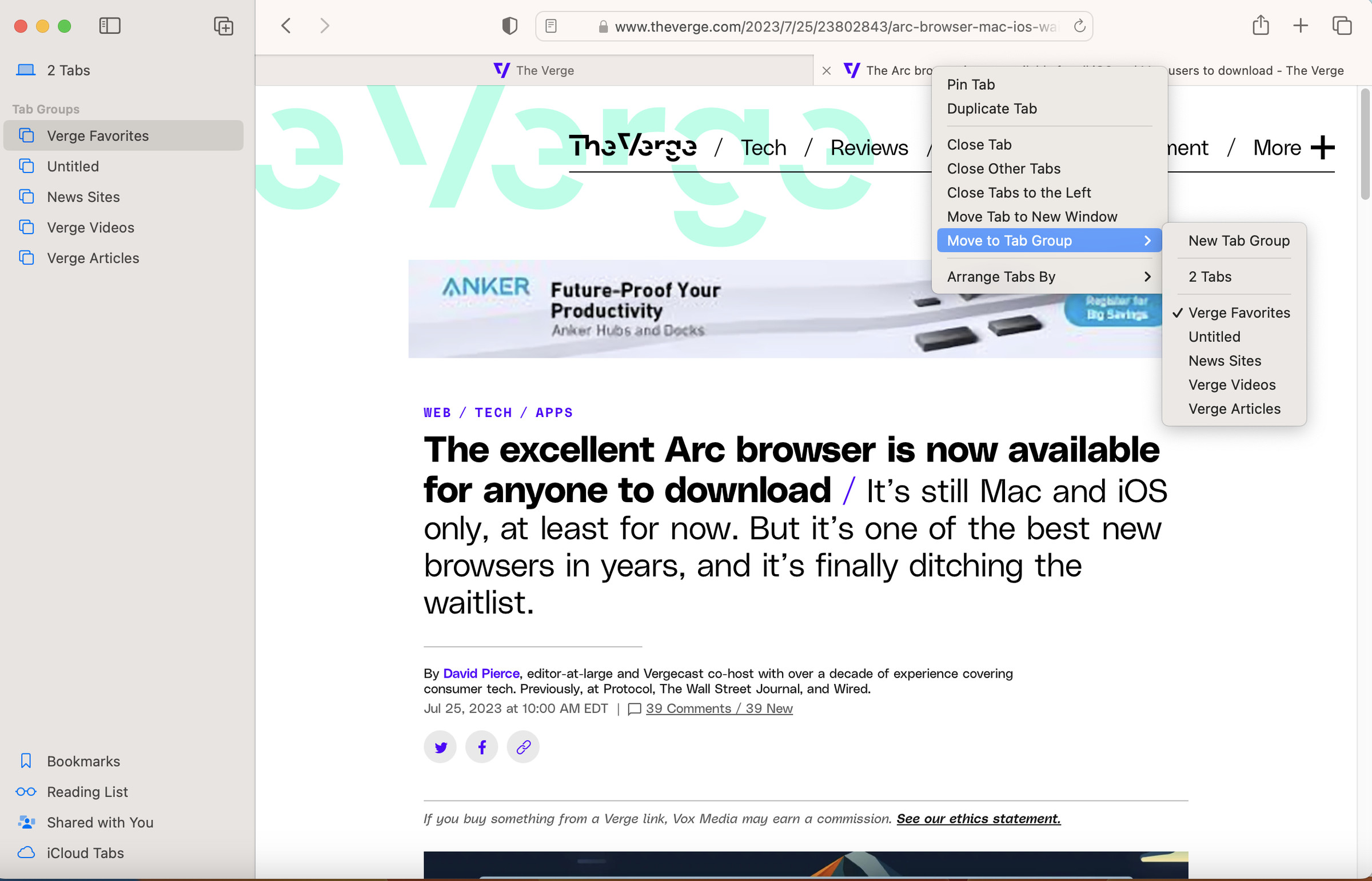 A screenshot of Safari on macOS with a tab selected and Move to Tab Group highlighted.