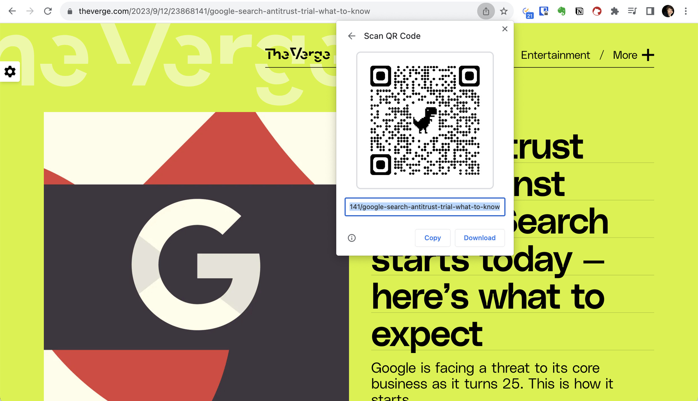 A web page from The Verge with an overlay containing a QR Code, the codes URL beneath it, and two buttons to copy and download.