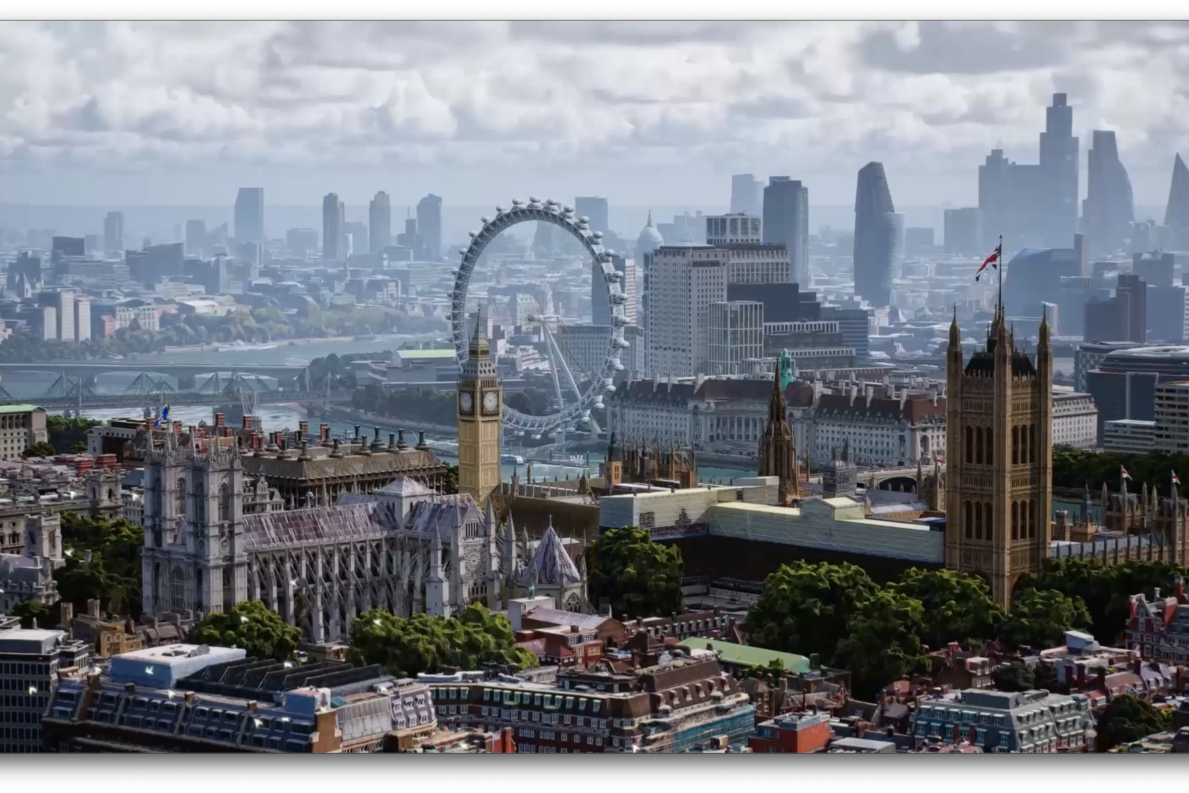 An arial view of London in Immersive View for Google Maps.
