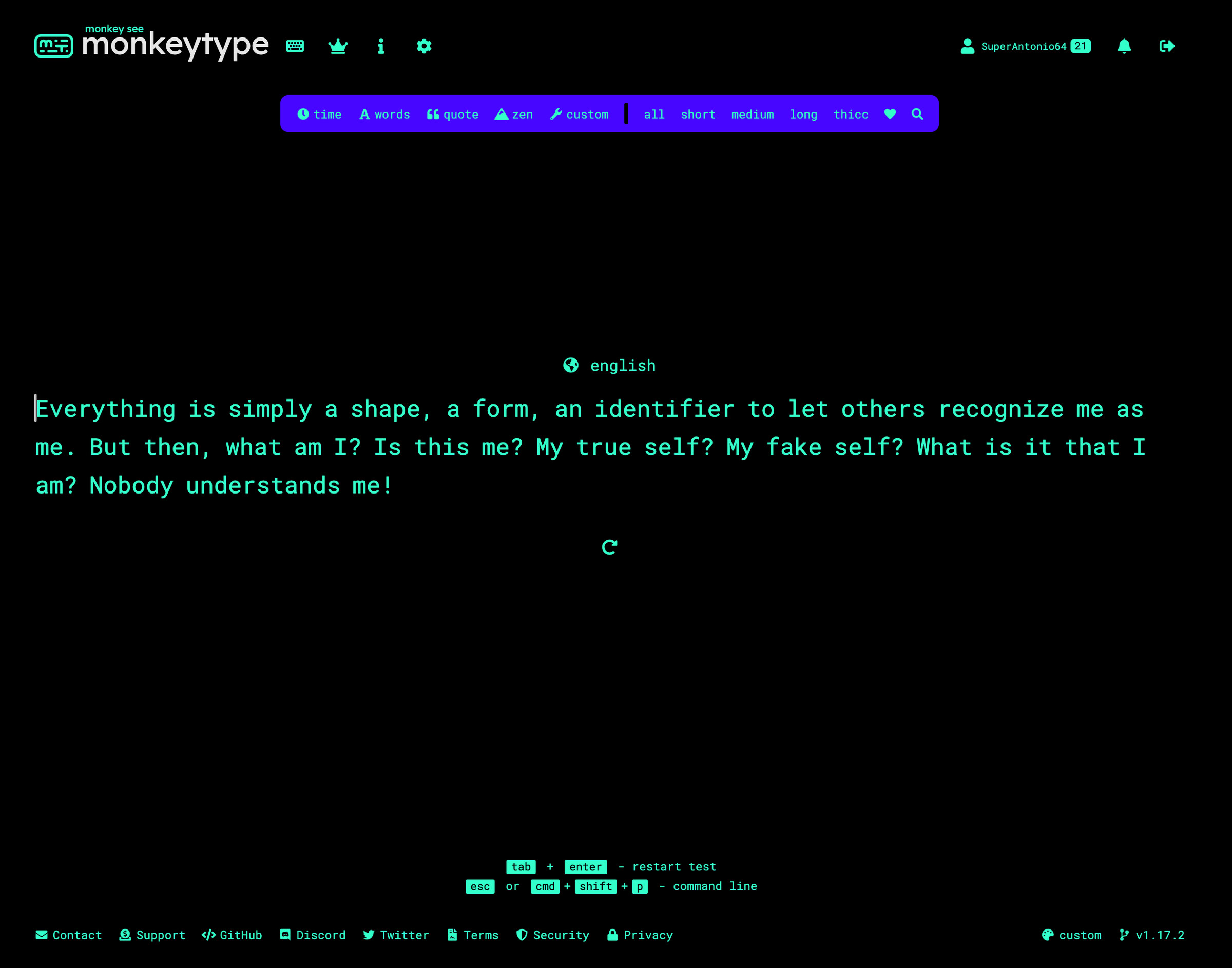 Monkeytype offers myriad controls for custom-tailoring your typing lessons. For example, I’ve themed mine with Verge colors (which you can use, too), while that user-submitted text prompt is from the anime Neon Genesis Evangelion.