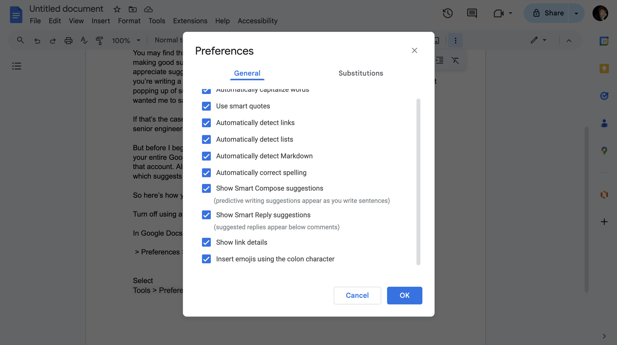 Preferences pop-up menu in Google Docs with several check-boxed suggestions.