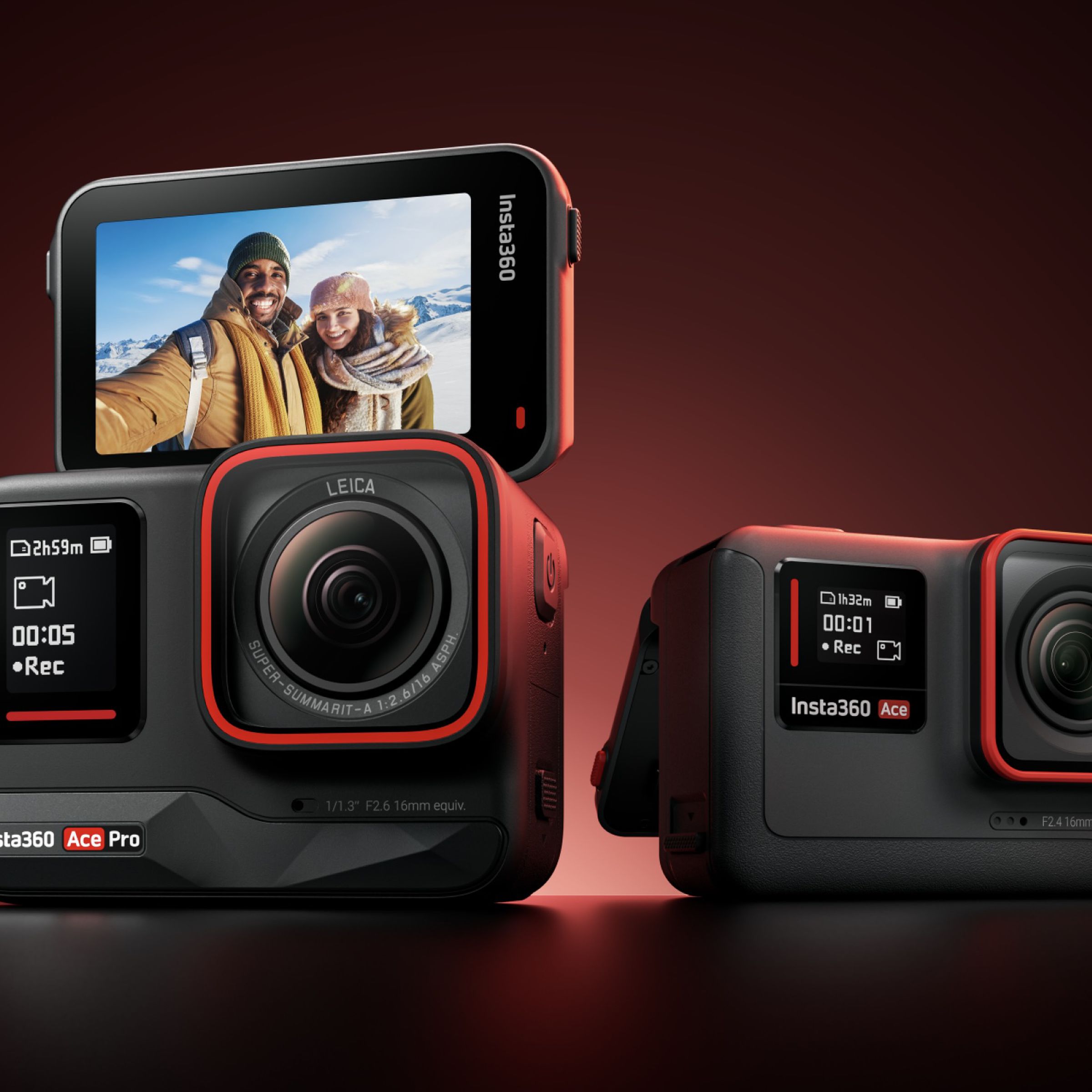 Two GoPro-looking cameras with a flip screen at the top