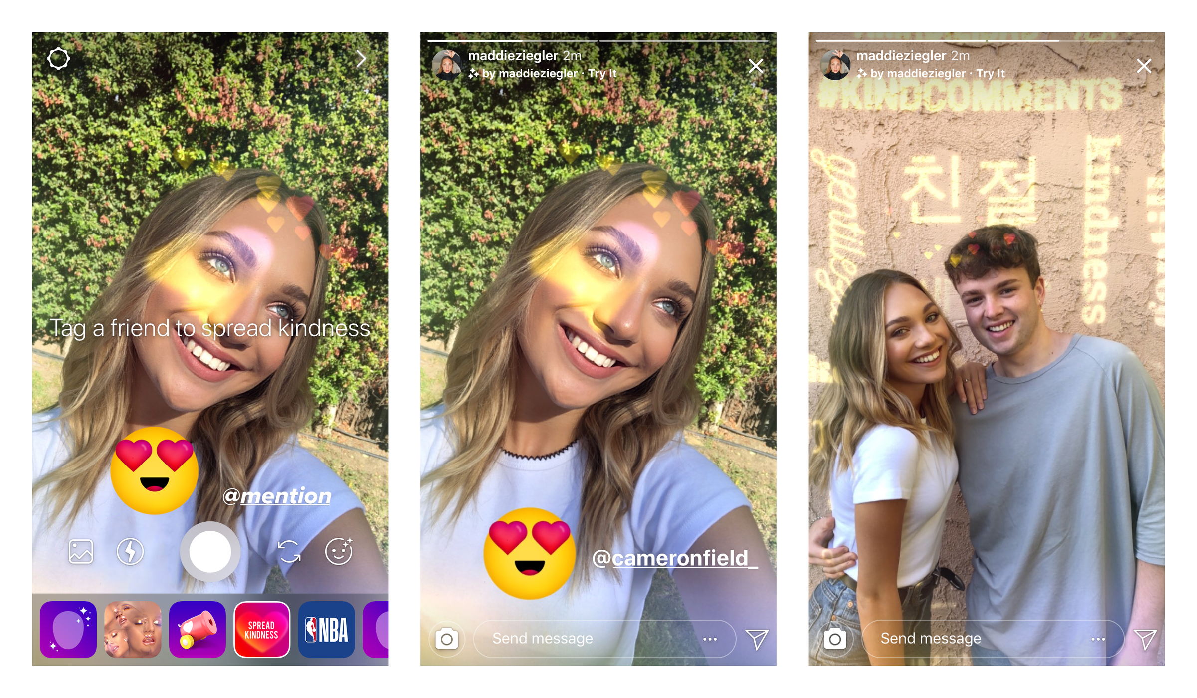 Instagram’s new “kindness camera effect” as launched by teen author, dancer, and actor Maddie Ziegler.
