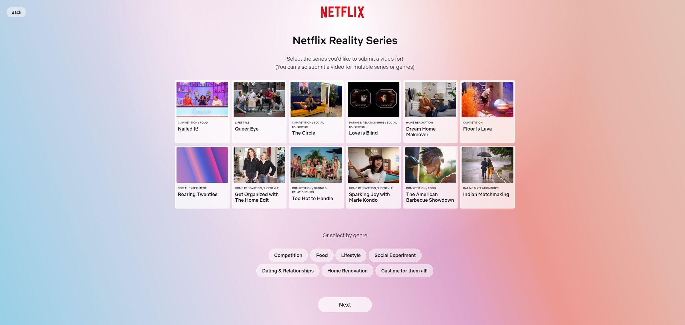 Netflix will let you apply for shows across a broad spectrum of topics at once.
