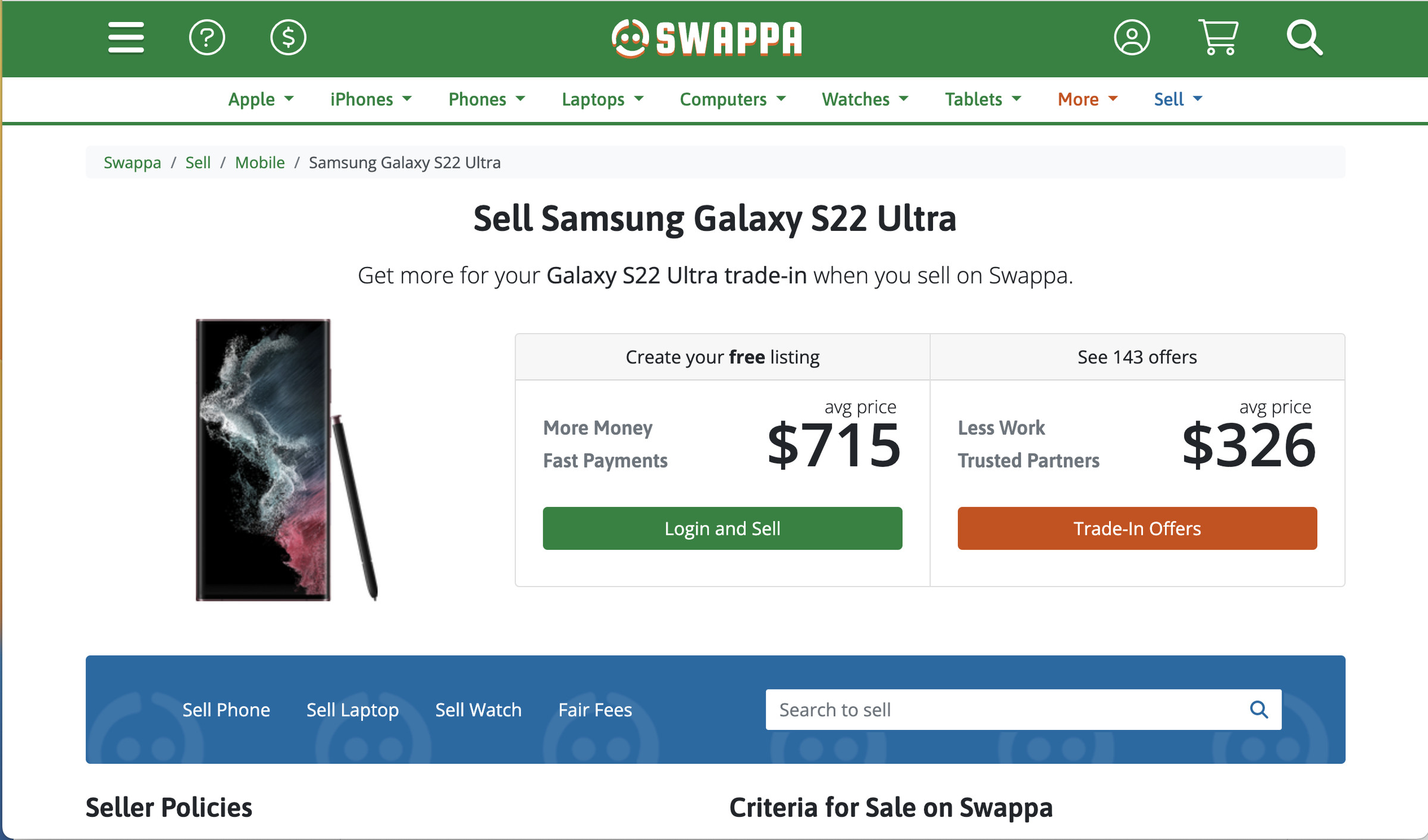Swappa page headed Sell Samsung Galaxy S22 Ultra with a photo of the phone on the left and two boxes, one showing a price of $715 and the other showing a price of $316. 