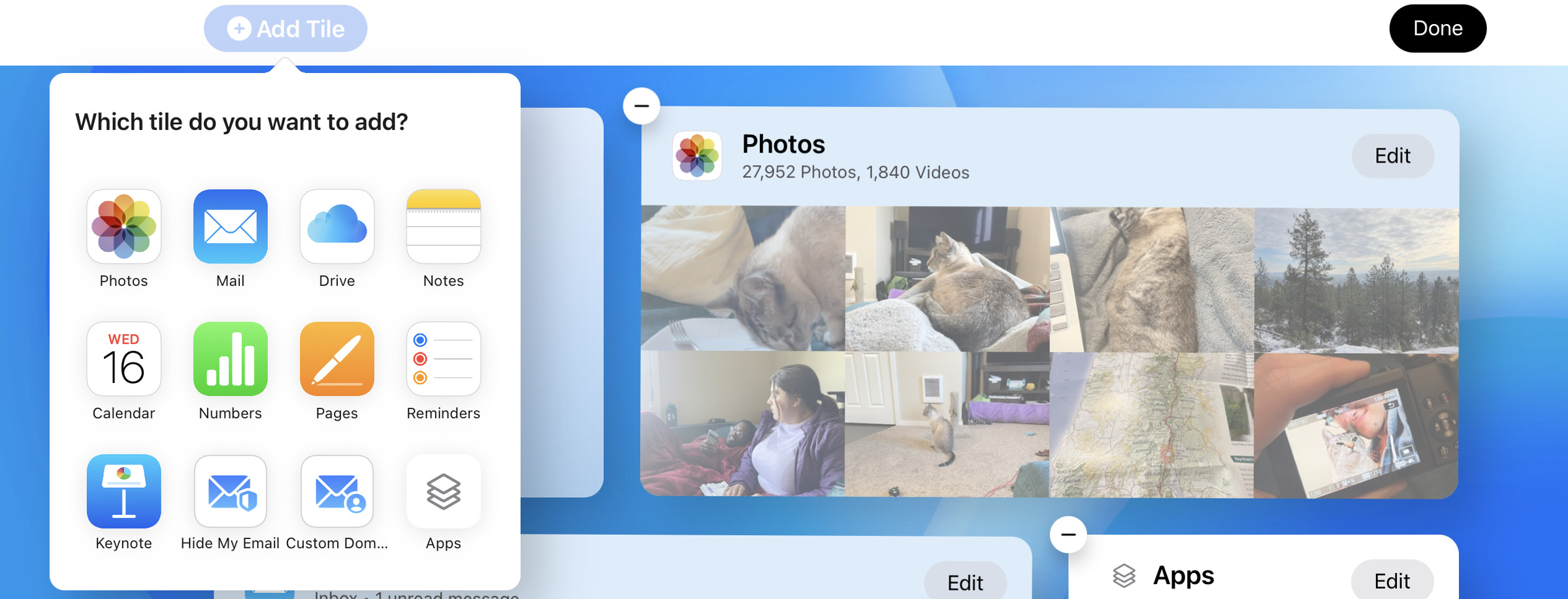 Screenshot of the customization options for the new iCloud design, giving the user the option to add a photo, mail, drive, notes, calendar, numbers, pages, reminders, keynote, hide my email, custom domain, or apps tile.