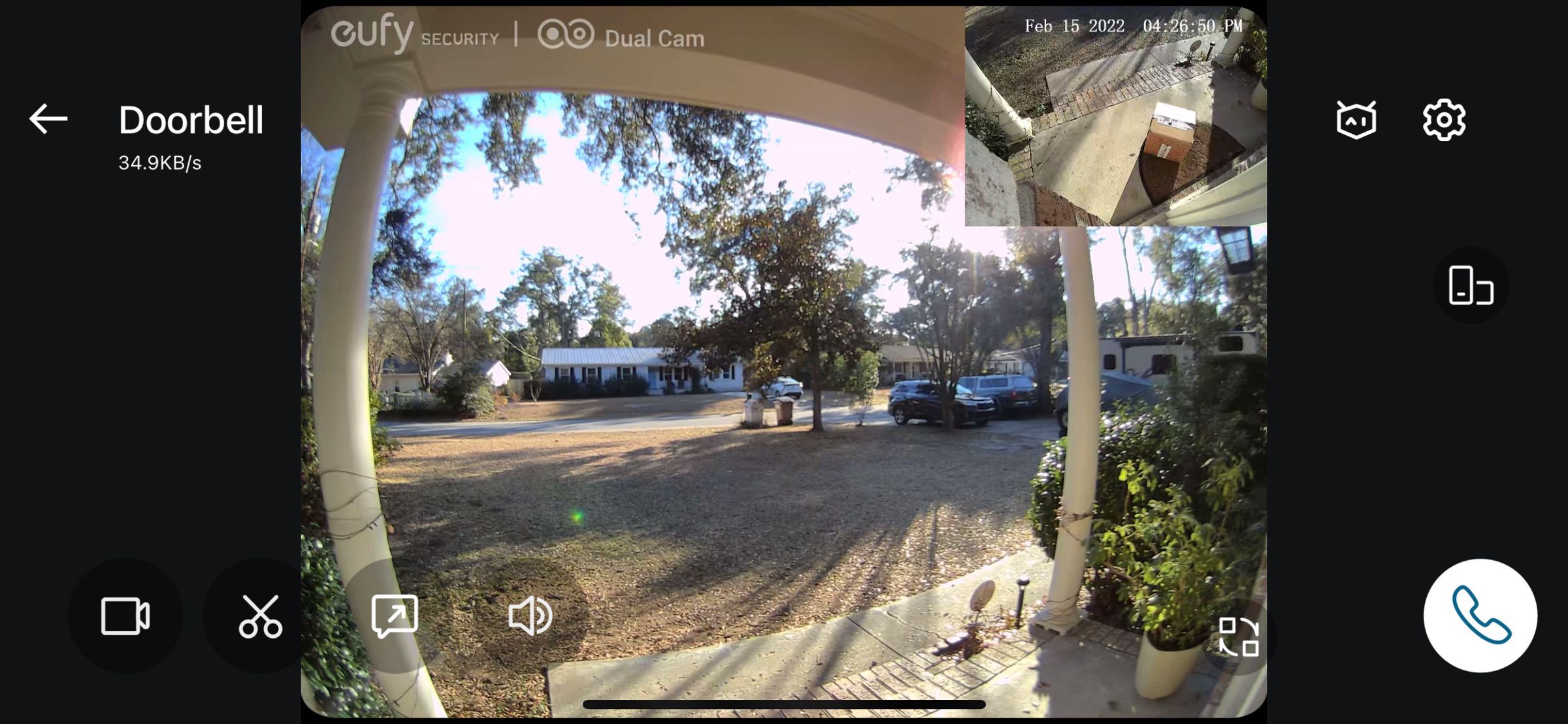 There are two options for viewing the cameras: picture-in-picture, as shown, or stacked on top with a black bar running between the two feeds.