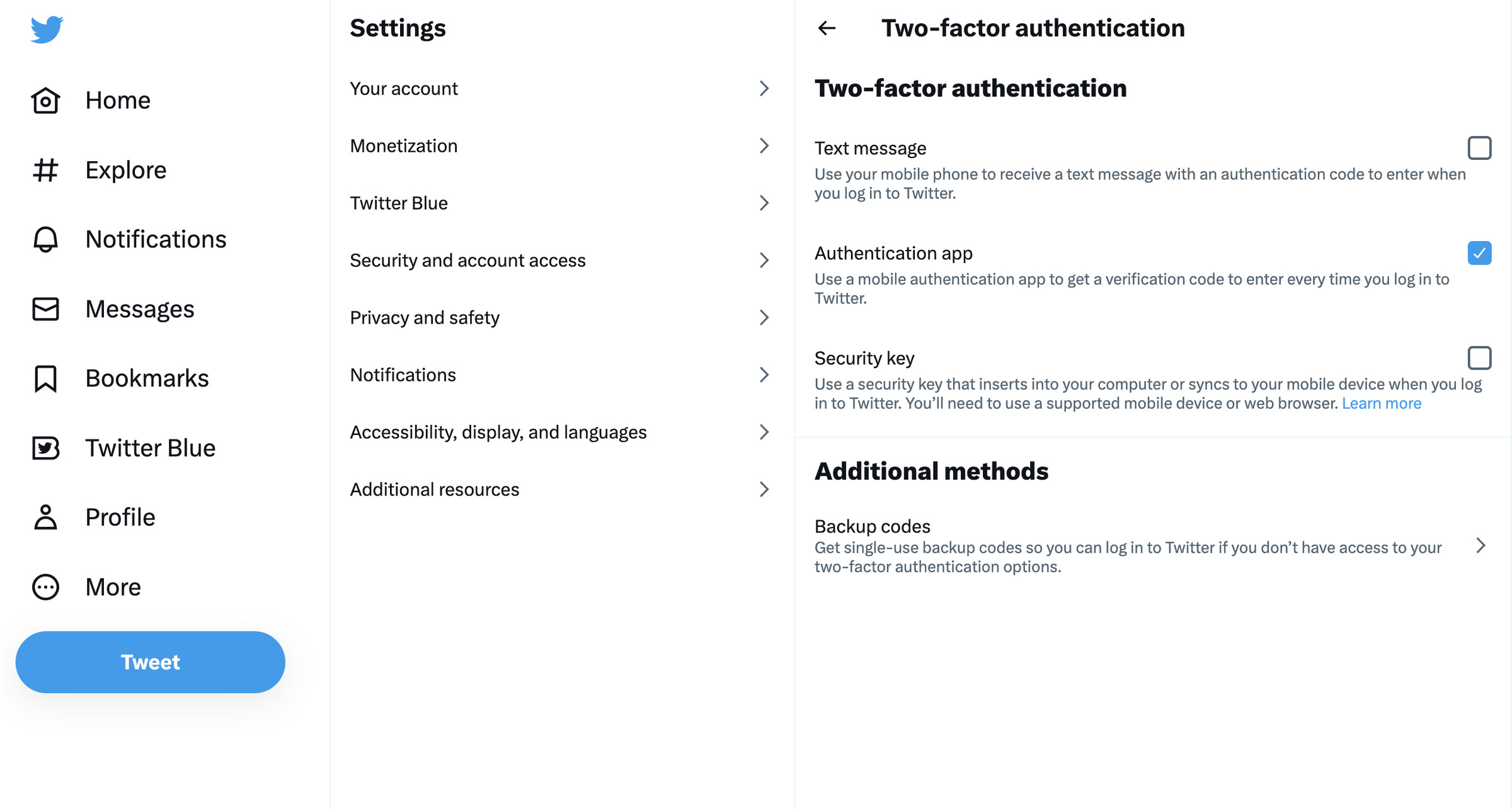 Twitter page with main menu at left, settings menu in the center, and two-factor authentication menu at right.