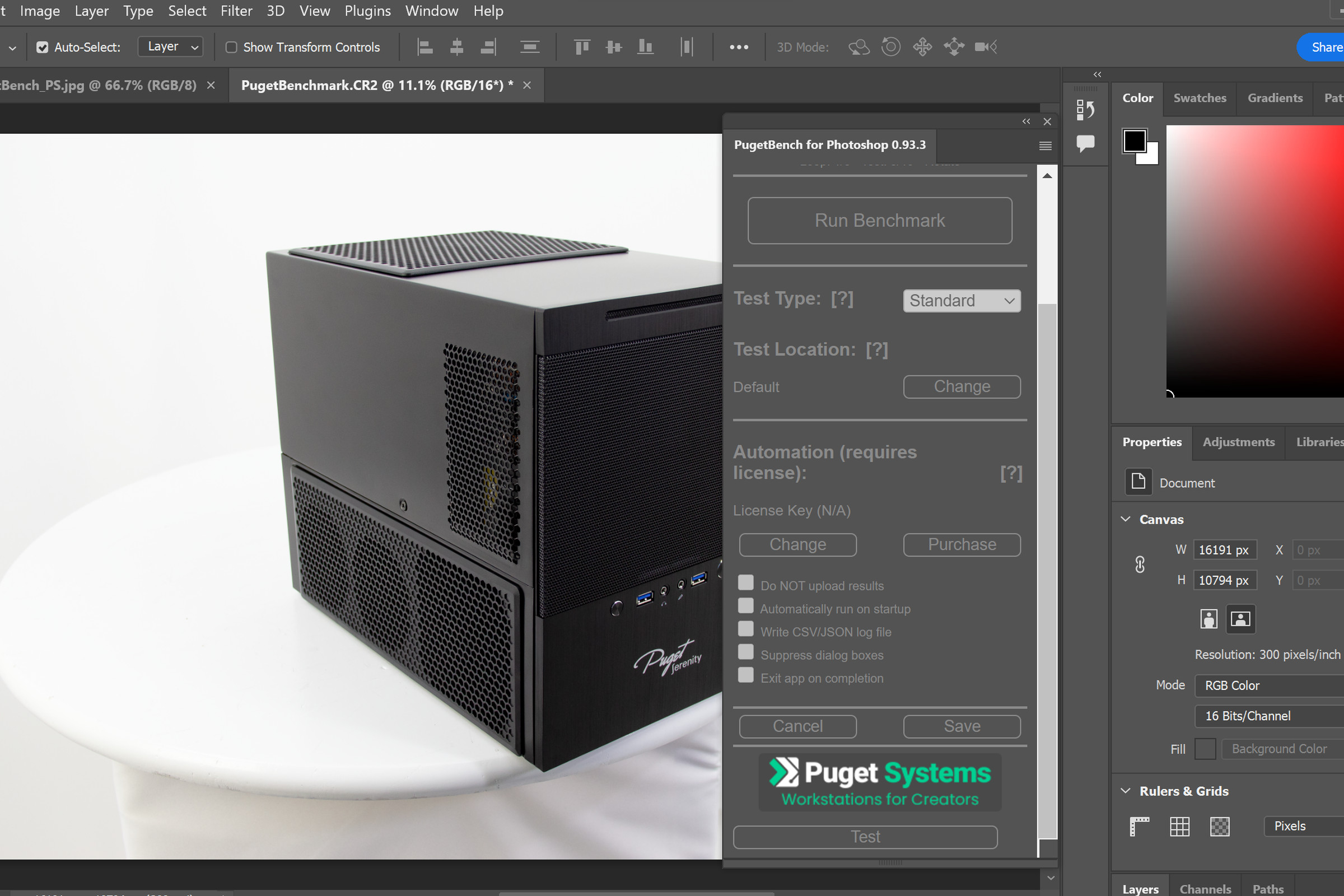 A screenshot of PugetBench for Photoshop running in Photoshop.