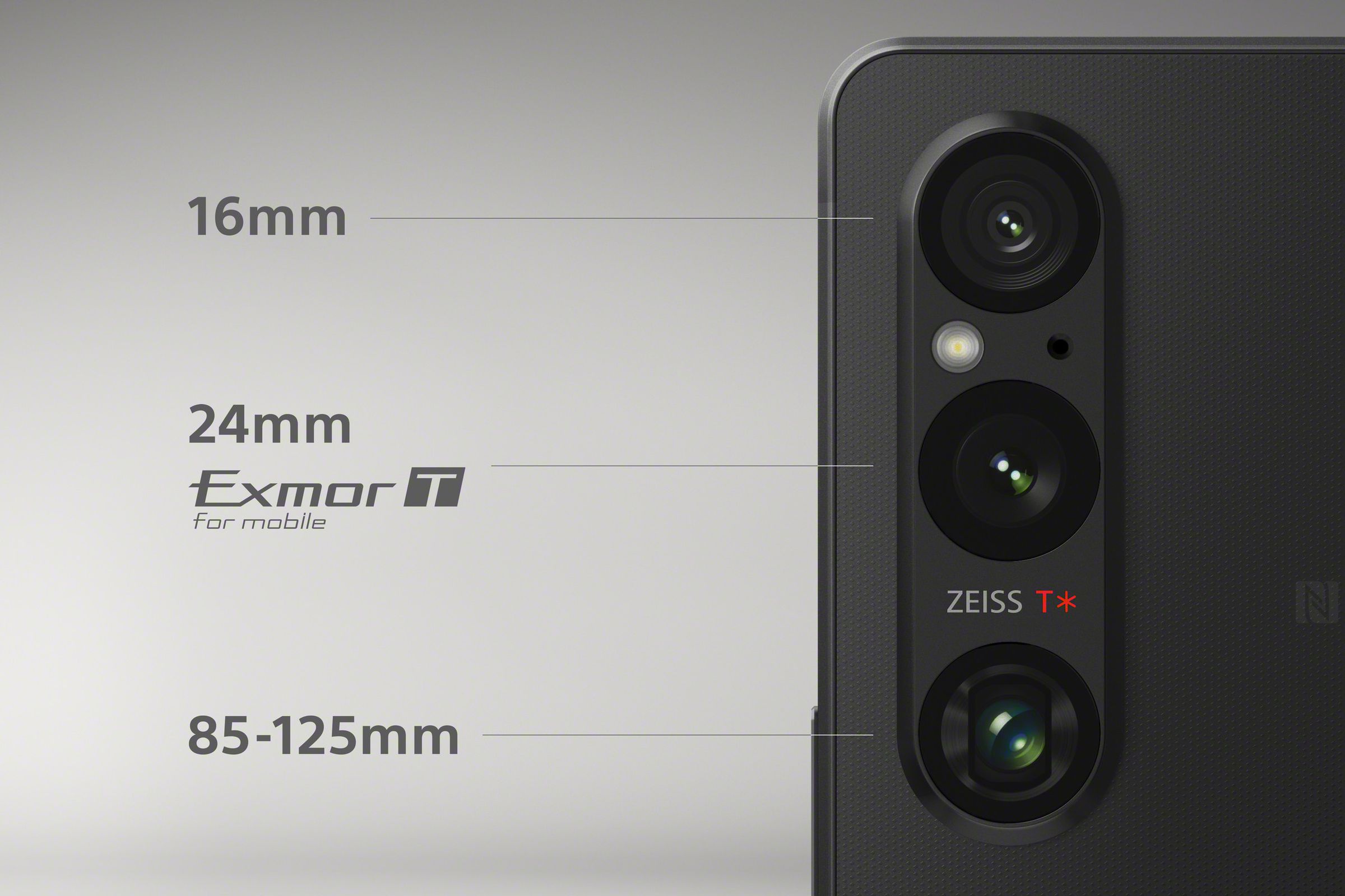 Close up of the three cameras on the back of the Xperia 1 V.