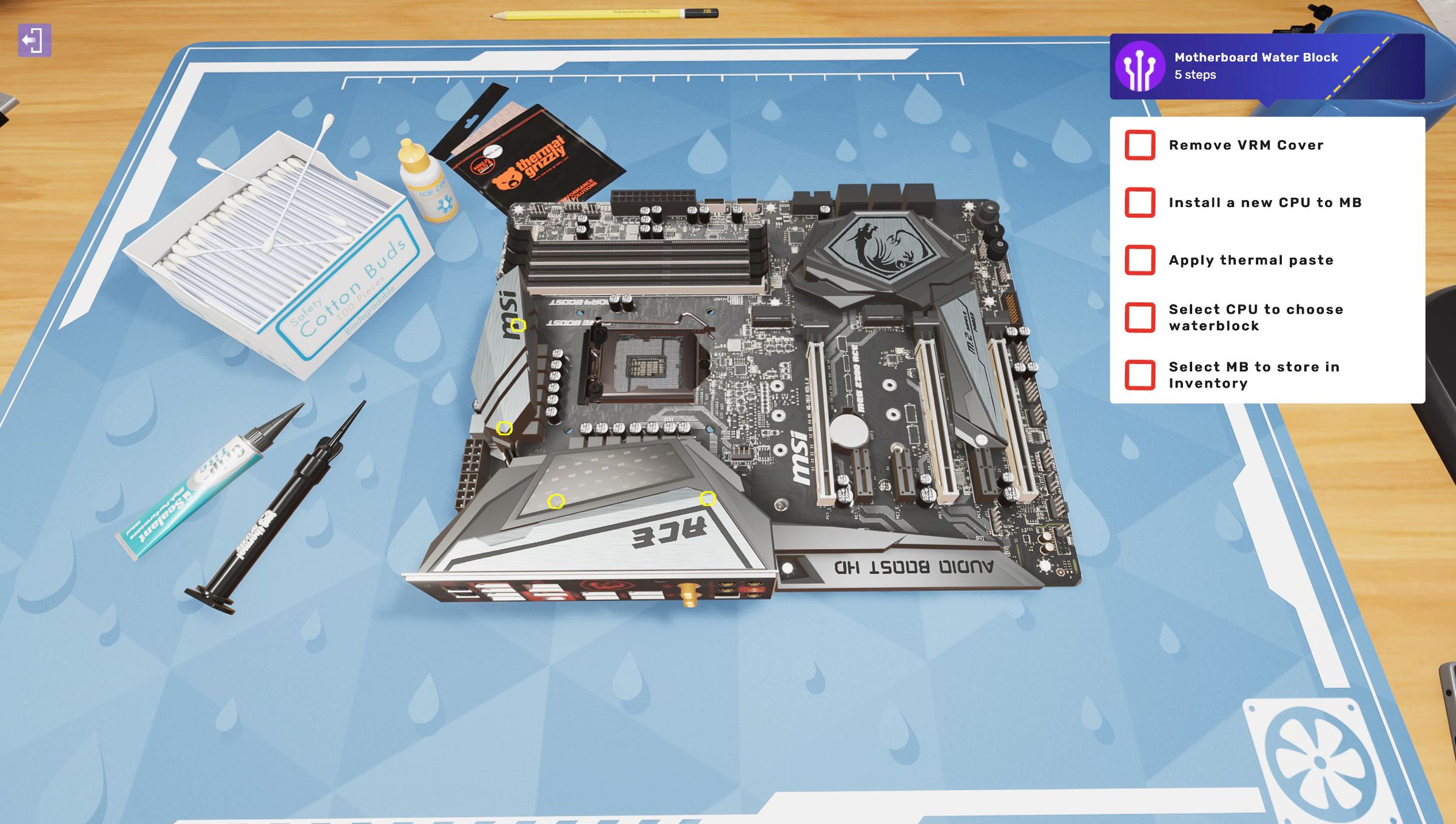A screenshot of PC Building Simulator 2, showing the process of water-cooling a motherboard.