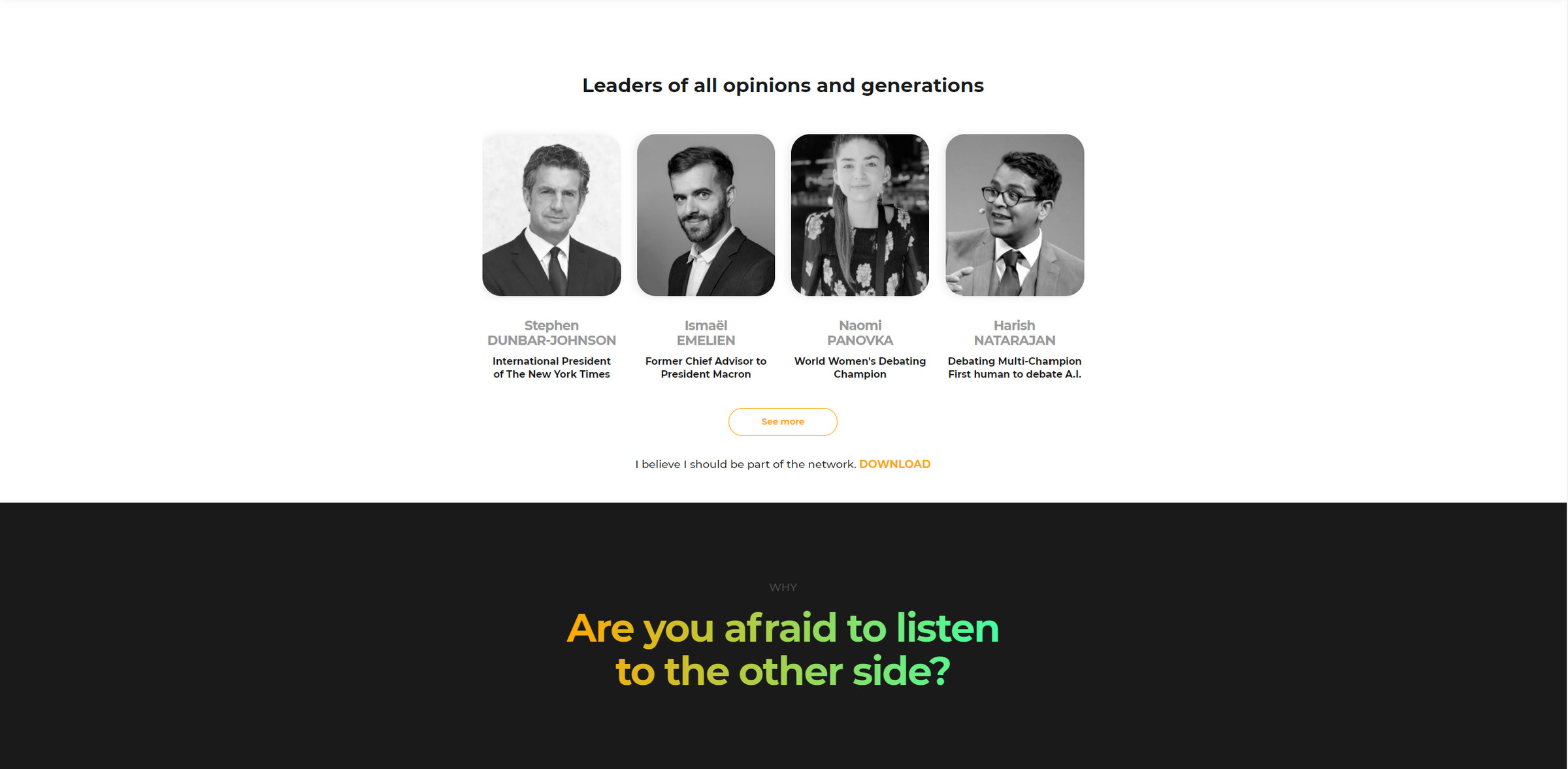 A screenshot from Polemix’s website showing four people beneath the heading “Leaders of all opinions and generations.” Below the pictures appears a question: “Are you afraid to listen to the other side?”
