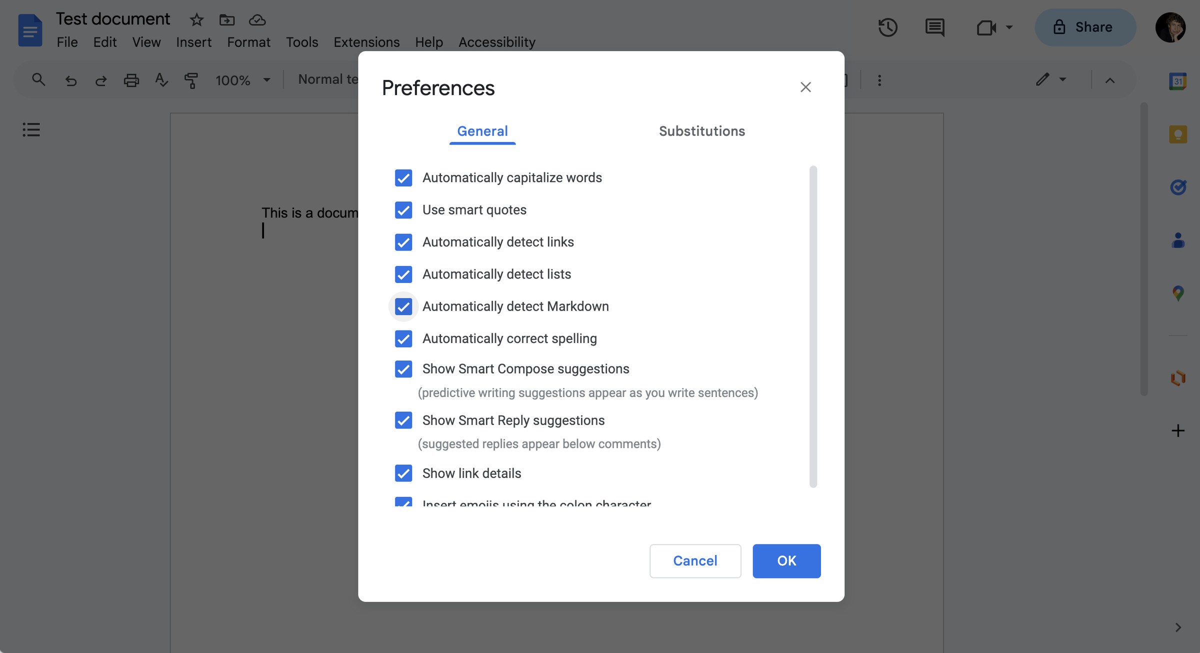 Google Docs首选项列表，包括“自动检测Markdown”选项。
