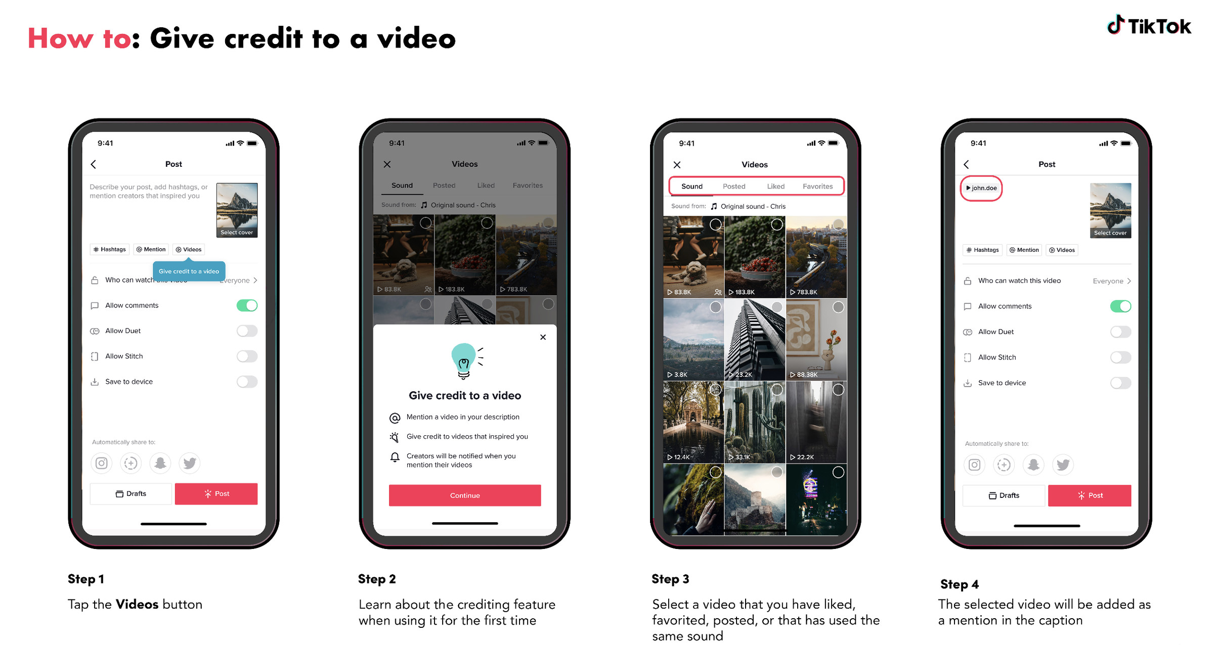 How to credit a viral video — a step-by-step guide from TikTok. 