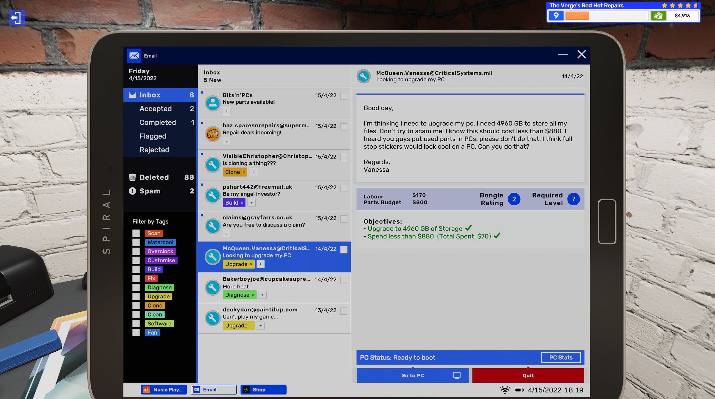 A screenshot of PC Building Simulator 2 showing the job system