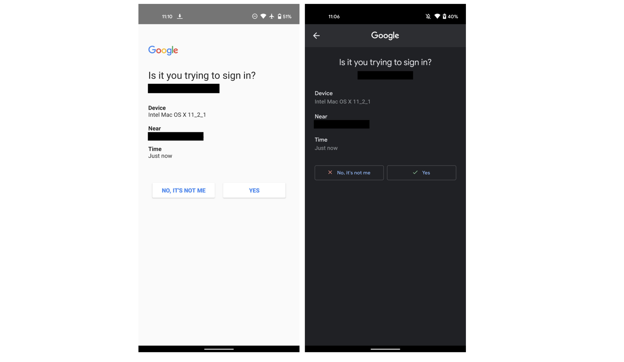 The old (left) and new (right) two-factor authentication prompts on Android