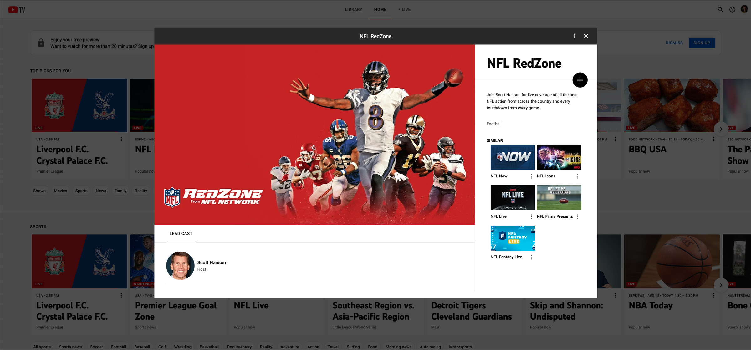 A subscription page for RedZone on YouTube TV.