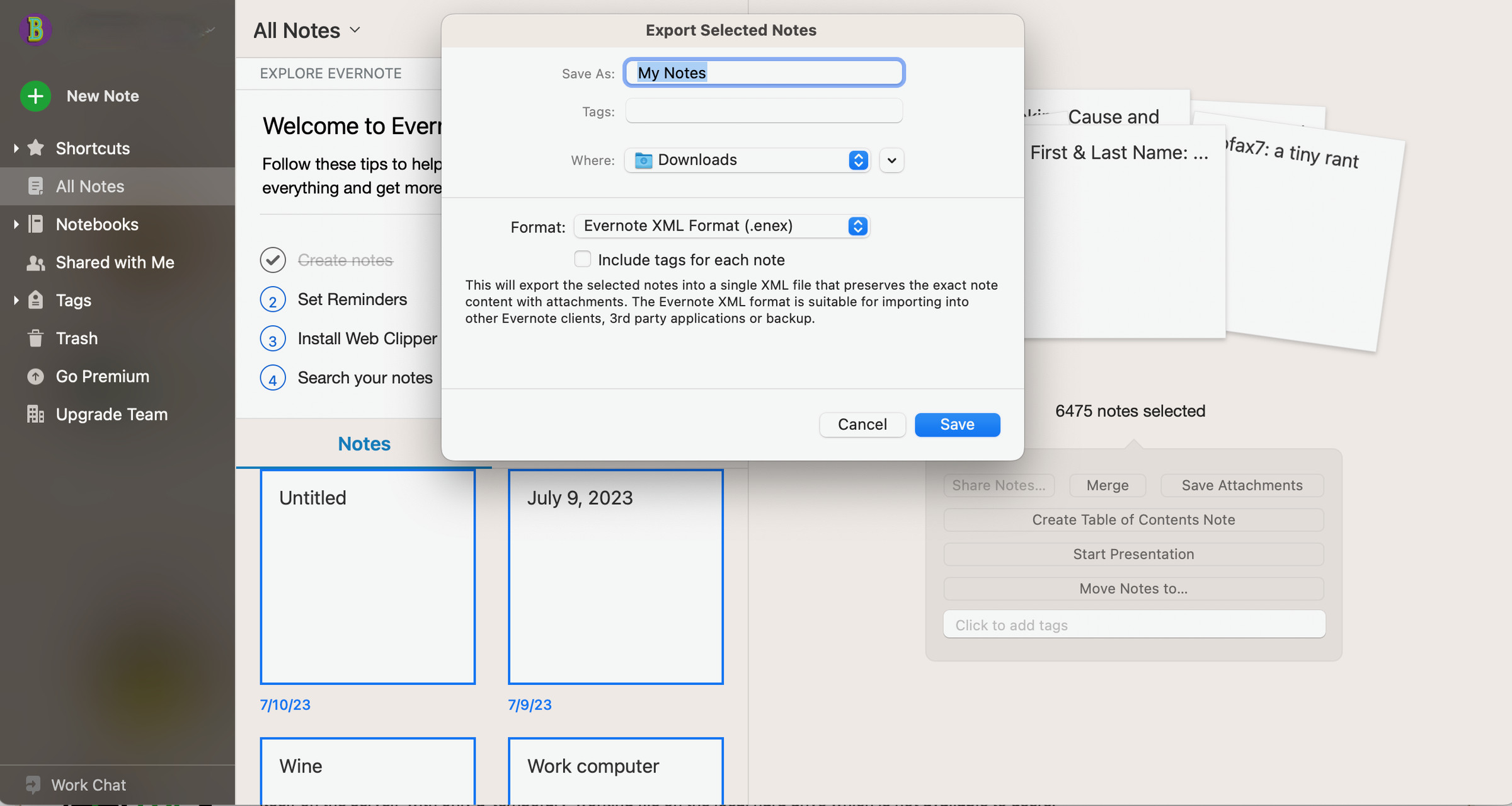 Older version of Evernote with pop-up labeled Export Selected Notes.