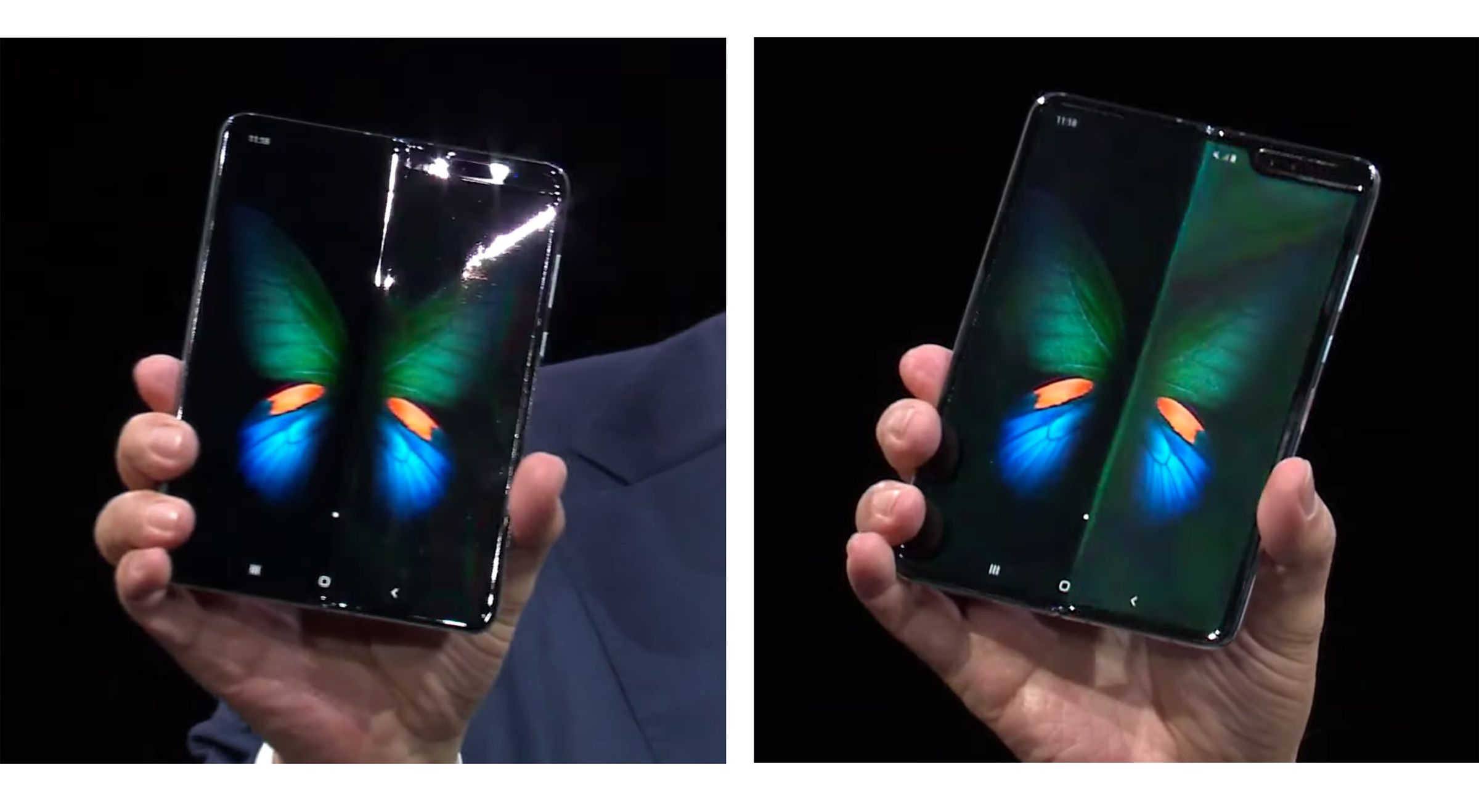 Samsung CEO DJ Koh holding up the Galaxy Fold. Note the highlight on the ridge in the middle and the way the two halves of the screen don’t perfectly cohere into one.