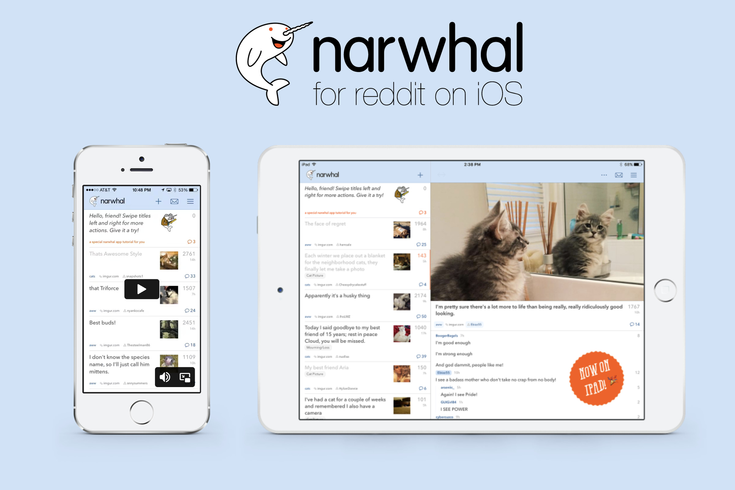 A promotional image for Narwhal featuring on older iPhone and an older iPad.