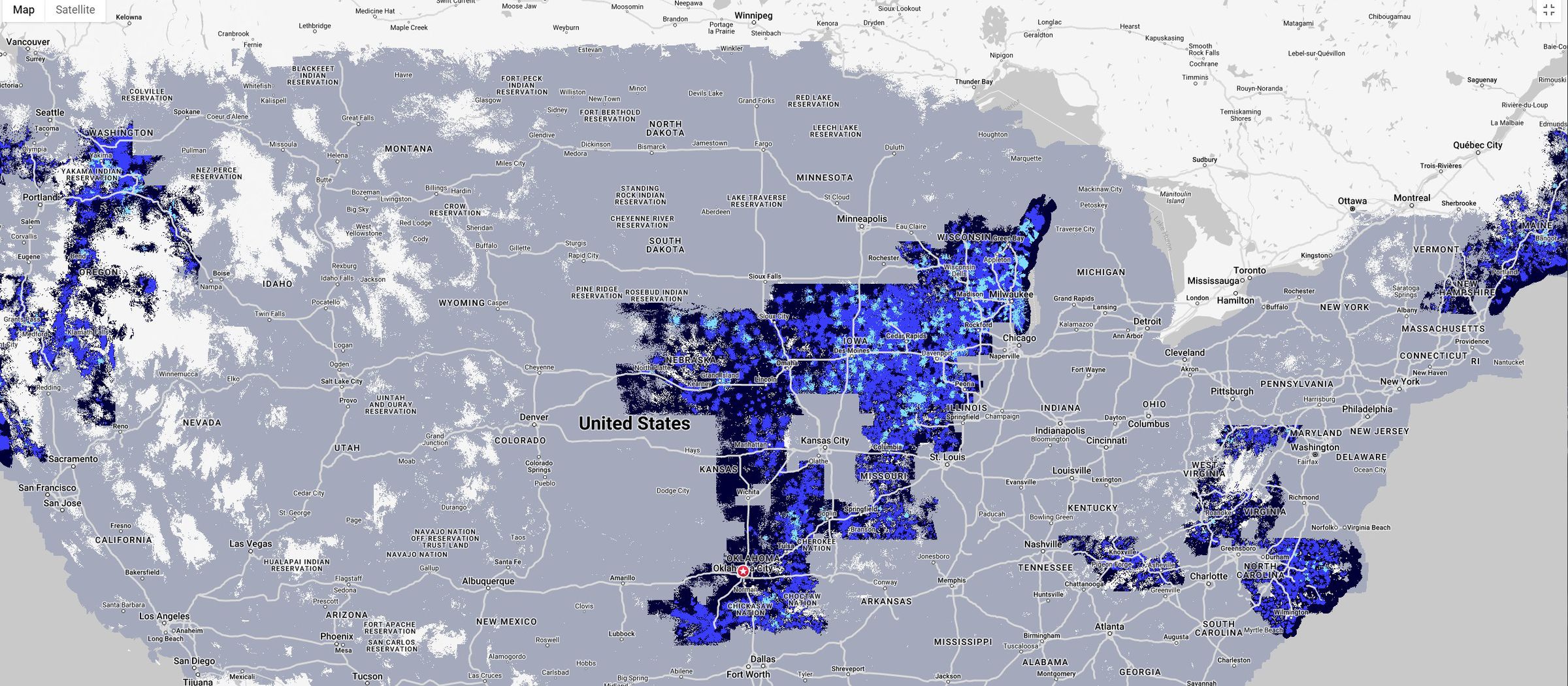 Screenshot of US Cellular’s 5G map of the US, with blue areas covering several states on the West Coast, in the middle of the country, and in the Northeast and Southeast.