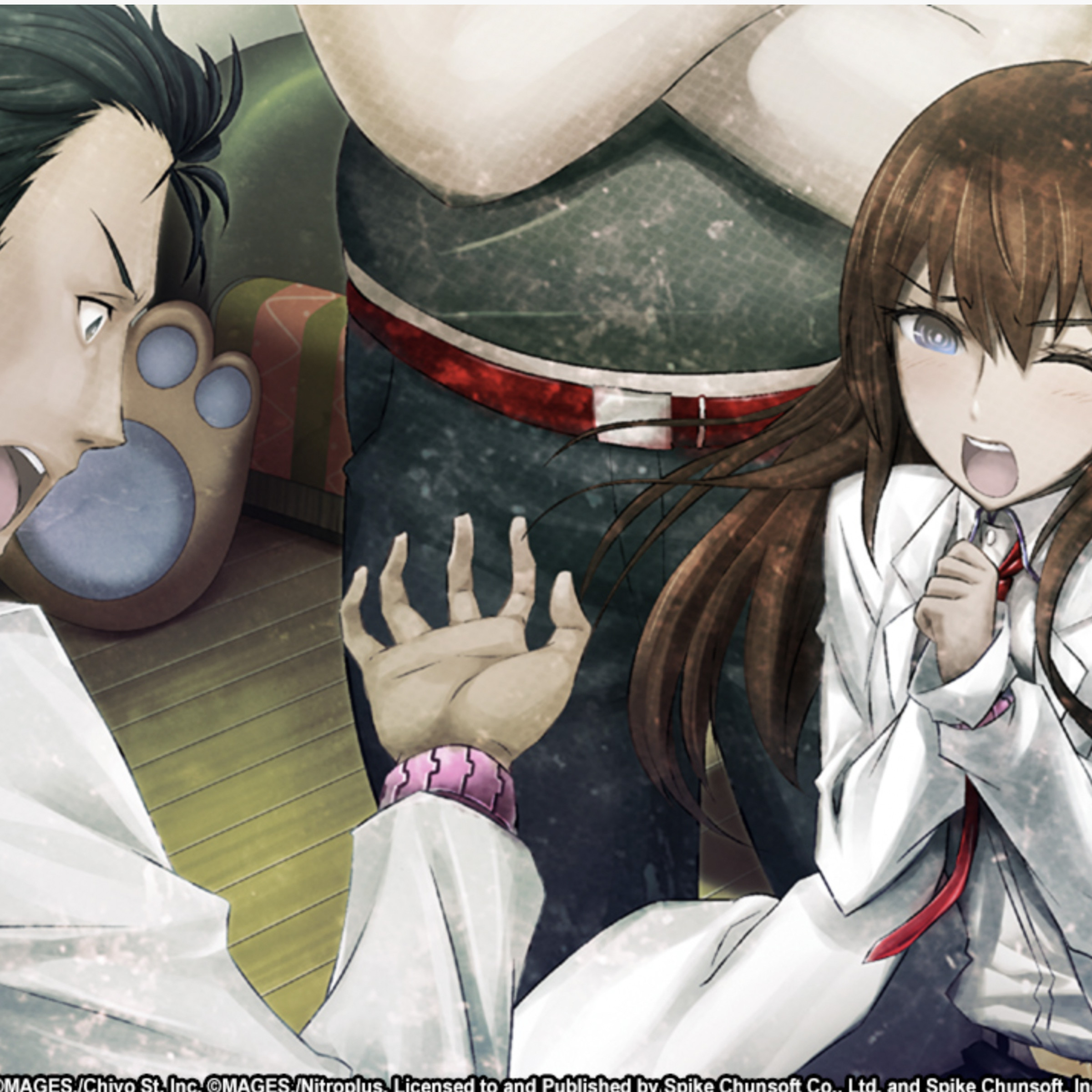 Screenshot from the visual novel Steins;Gate: My Darling’s Embrace featuring a young woman with long brown hair wincing as a man in a white shirt yells at a pink object wrapped around his wrist