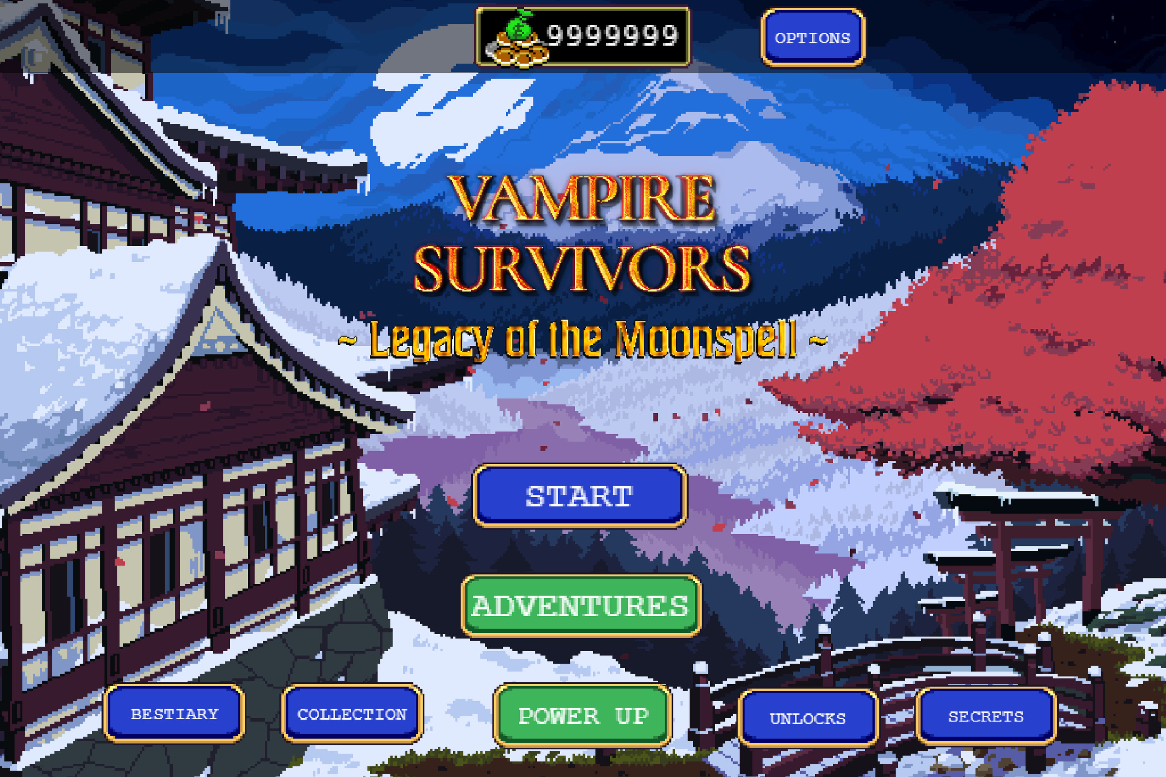 A screenshot of the Vampire Survivors title screen with a new button that says “Adventures.”
