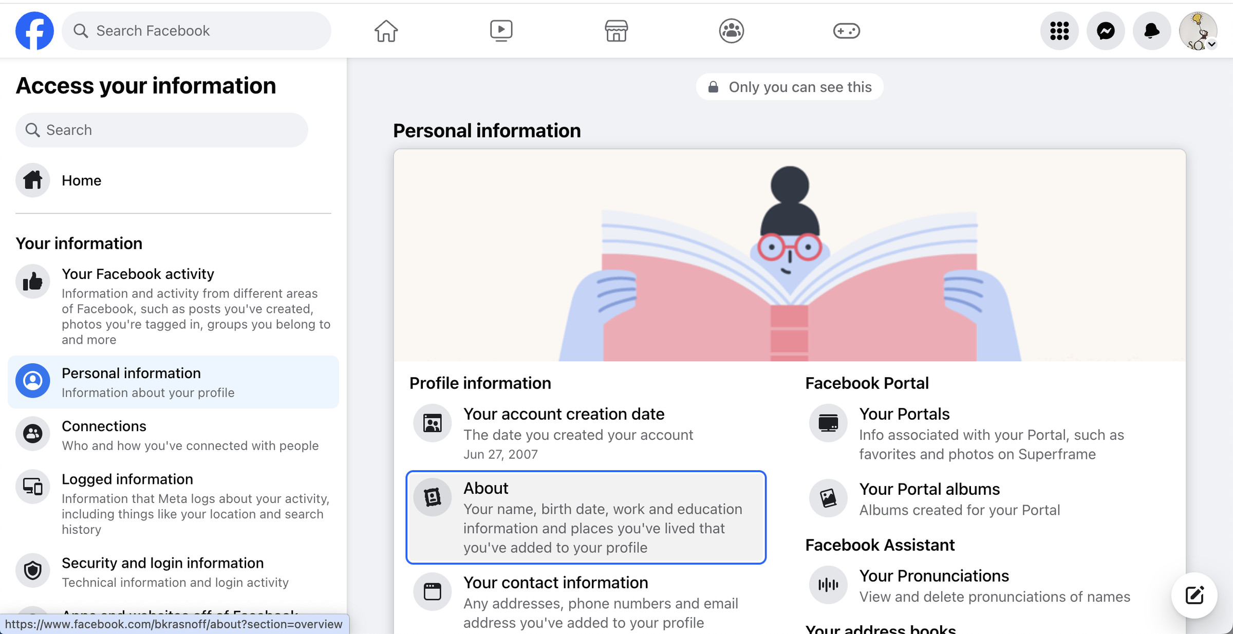 Personal information Facebook page with various choices underneath a graphics showing a woman reading a pink book.