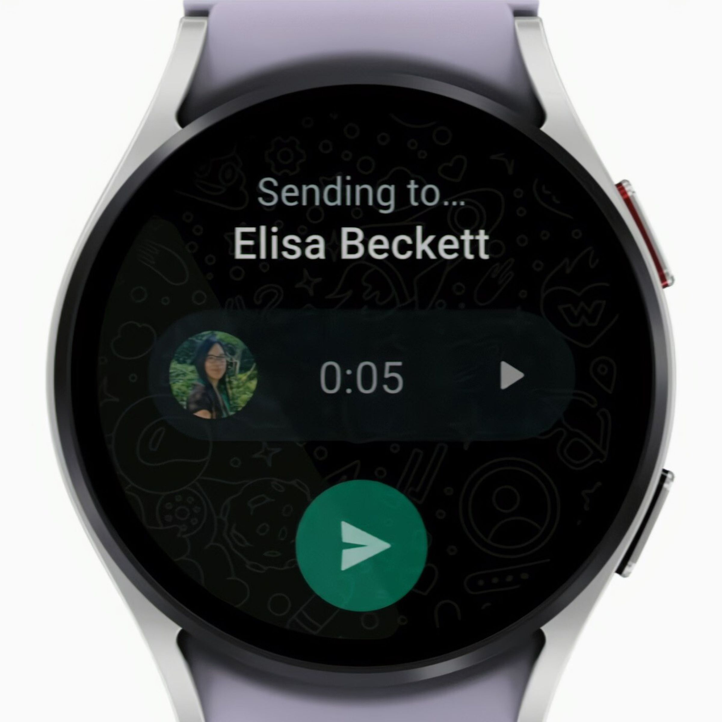 Screenshot of Google I/O introducing WhatsApp on a Wear OS watch.