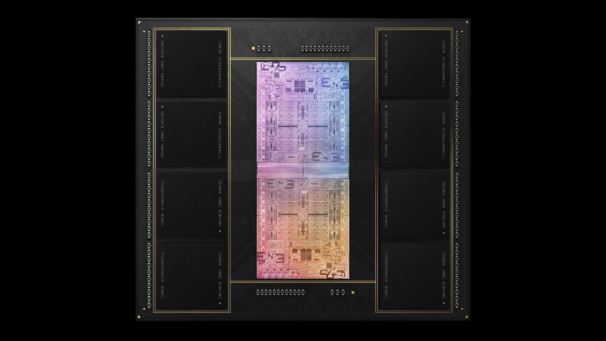 A glowing rainbow M1 Ultra chip, surrounded by baked in memory modules