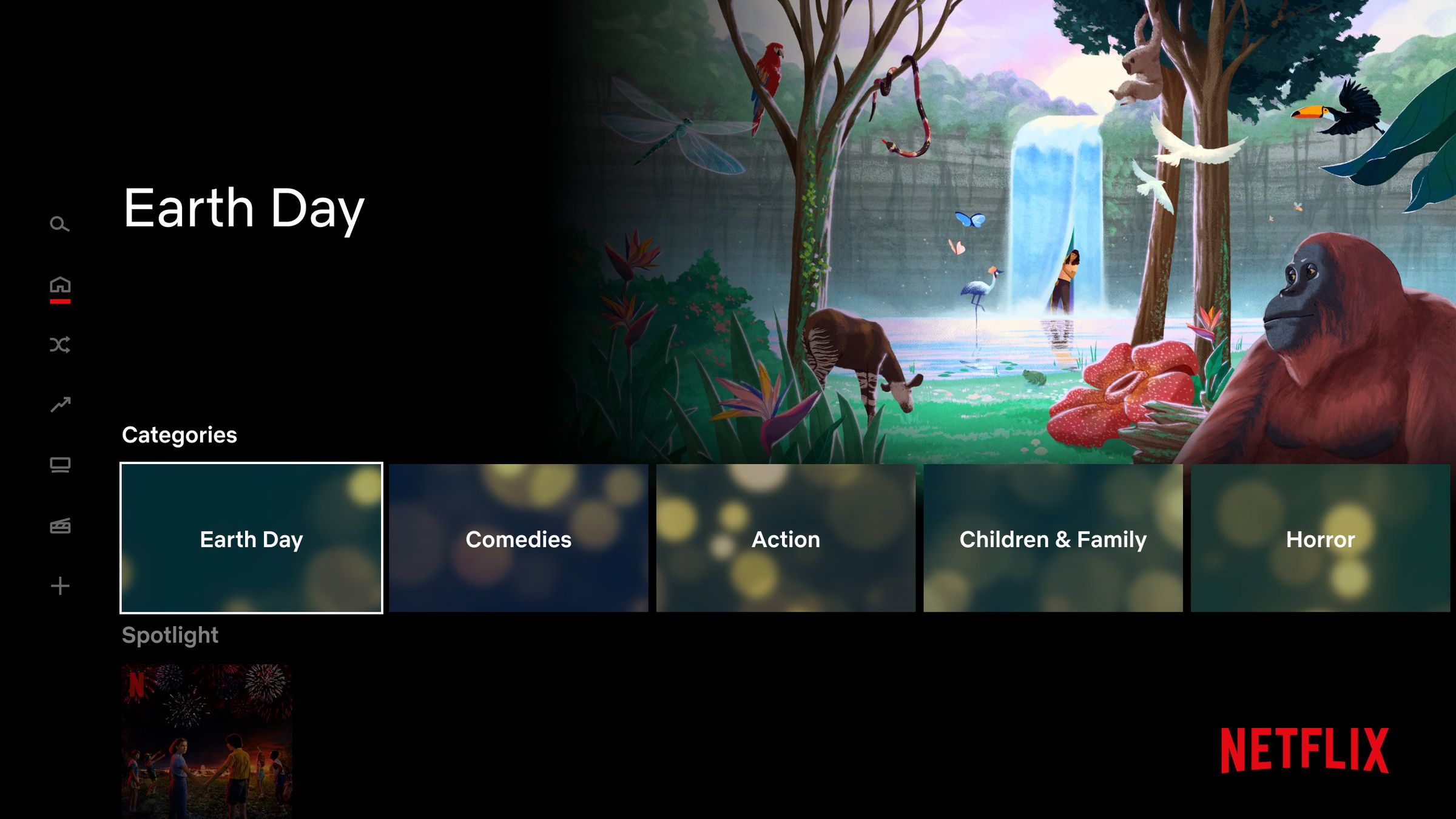 Netflix’s old Category row. Now these sections are a part of the hub menu that you can select from the left rail.