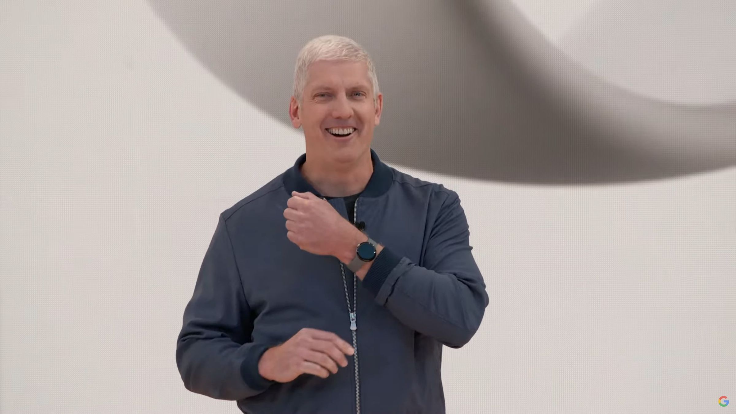 Rick Osterloh showing off the Pixel Watch onstage.