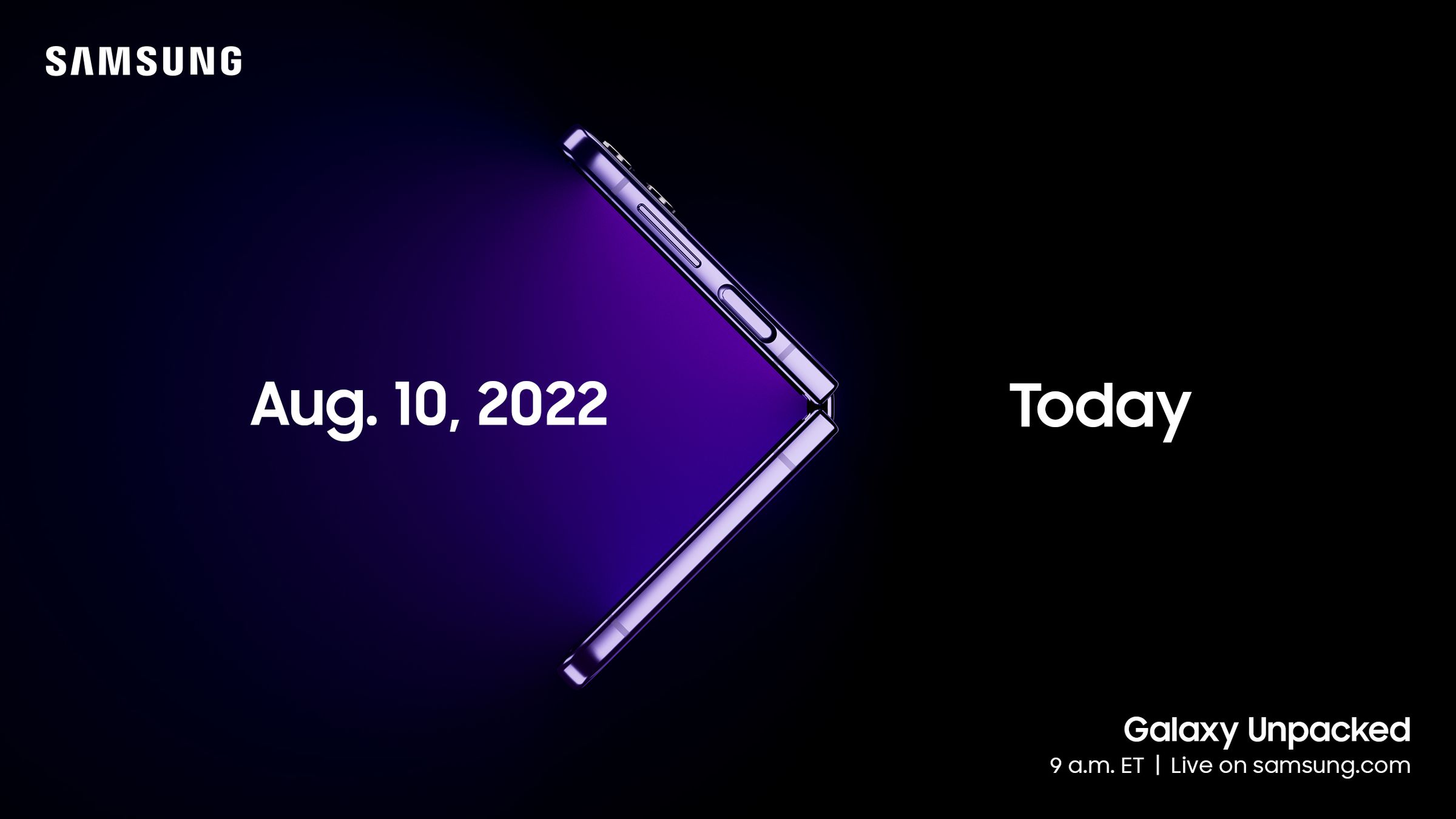A teaser promo image of the upcoming Samsung Unpacked event invite, scheduled for 9AM ET / 6AM PT on August 10th.