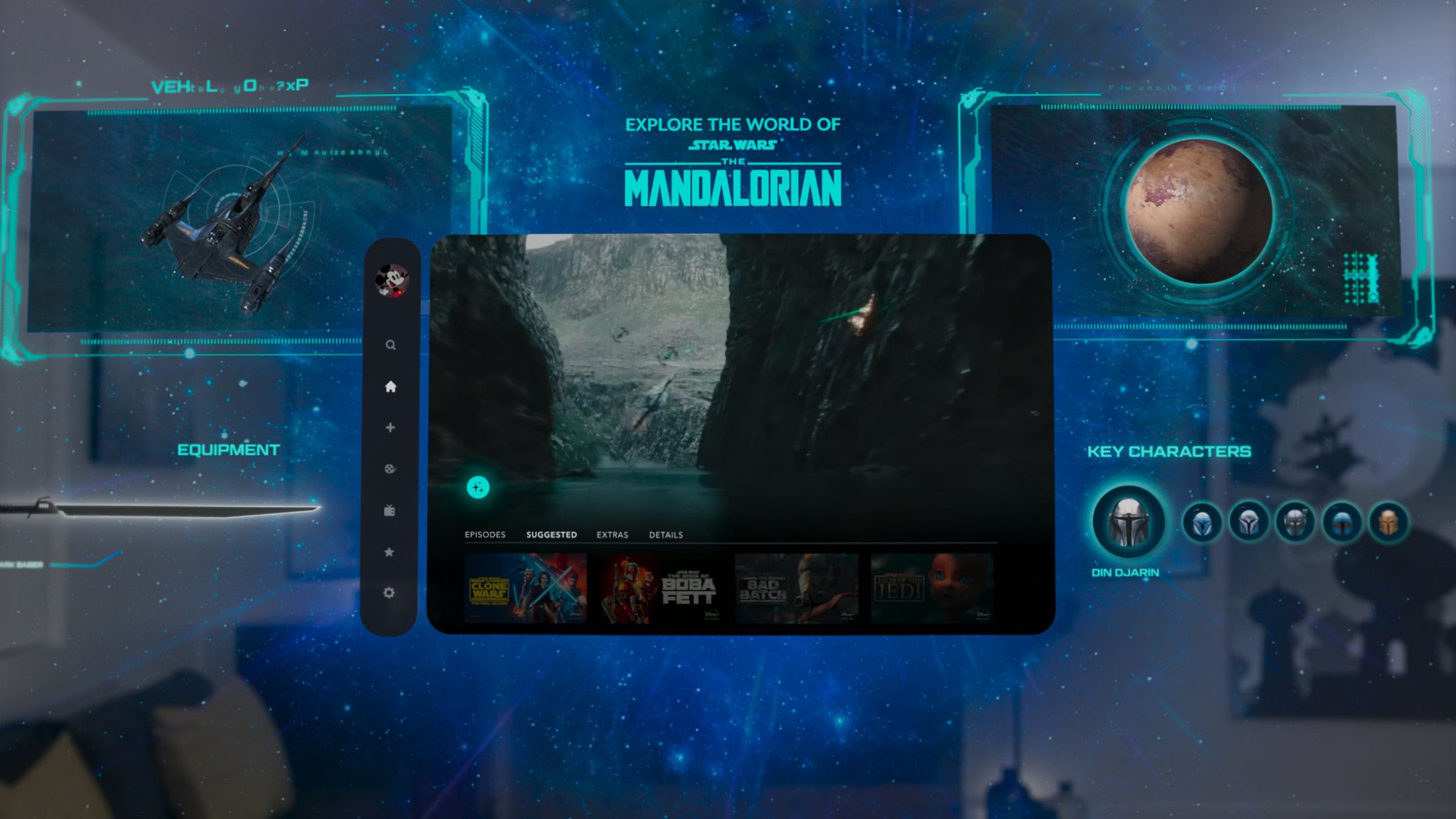Windows of Mandalorian-themed content in a video render of the Apple Vision Pro.